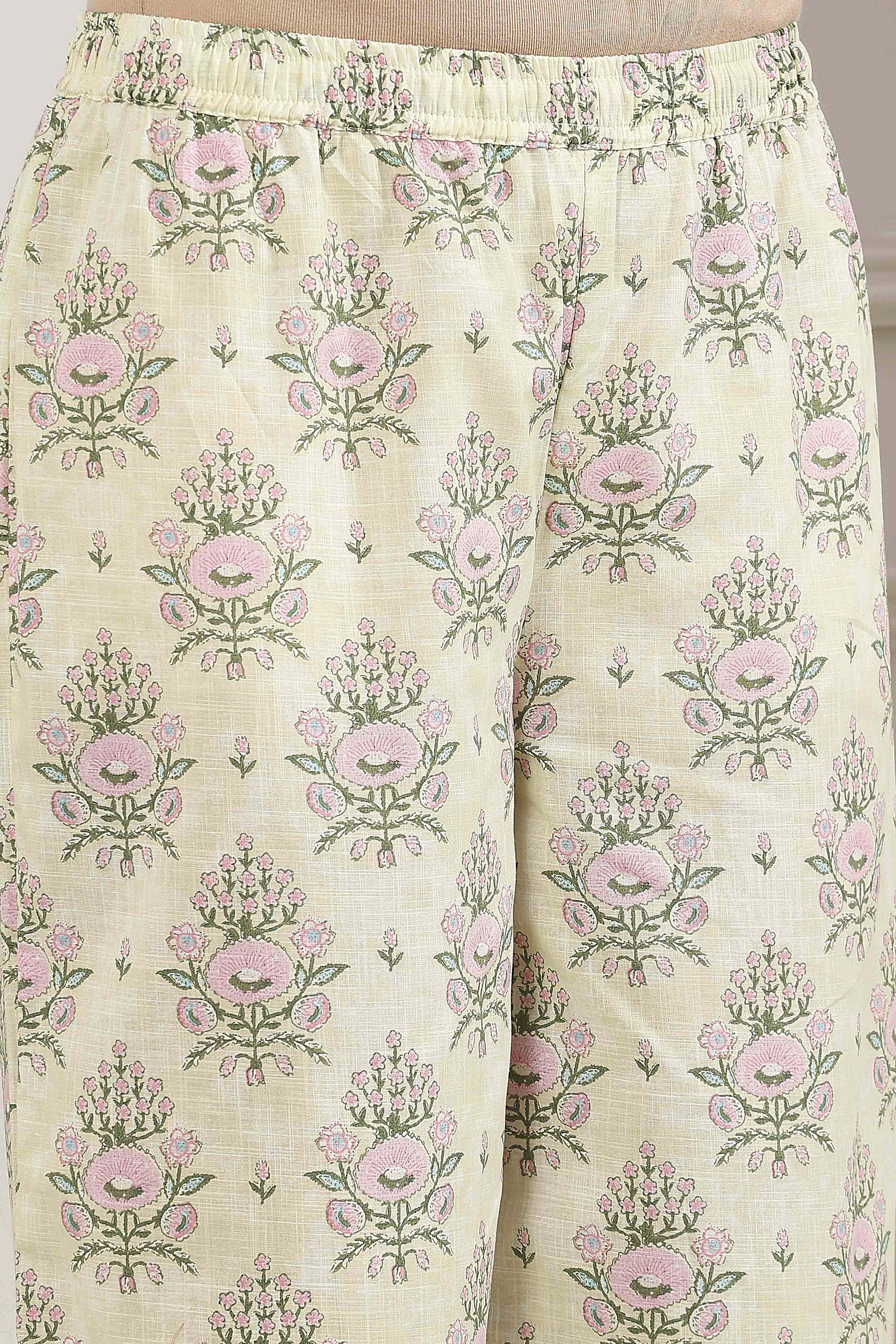 Cream-Colored Cotton Printed Straight Suit Set image number 2