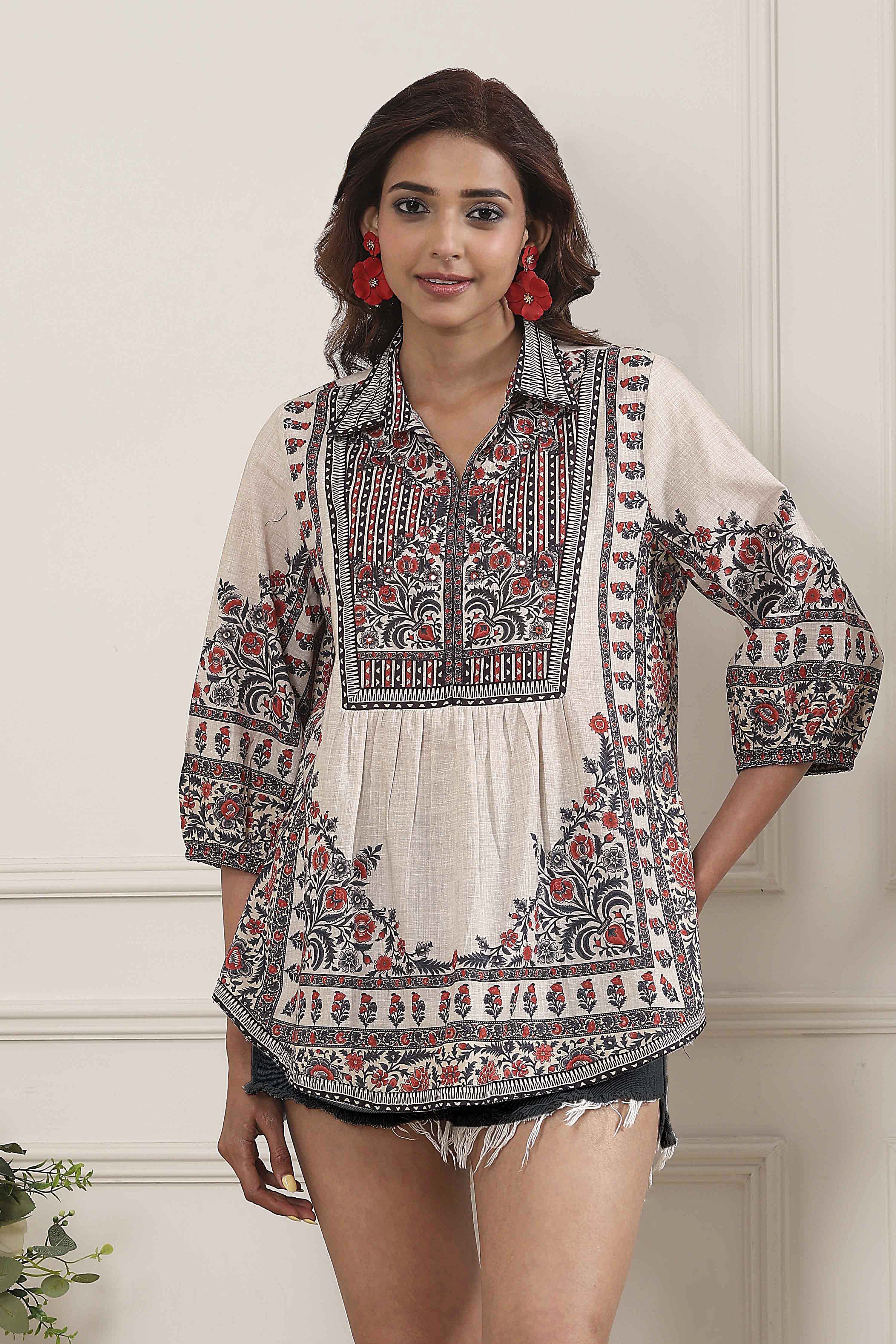 Brown Cotton Printed Straight Short Kurta image number 5