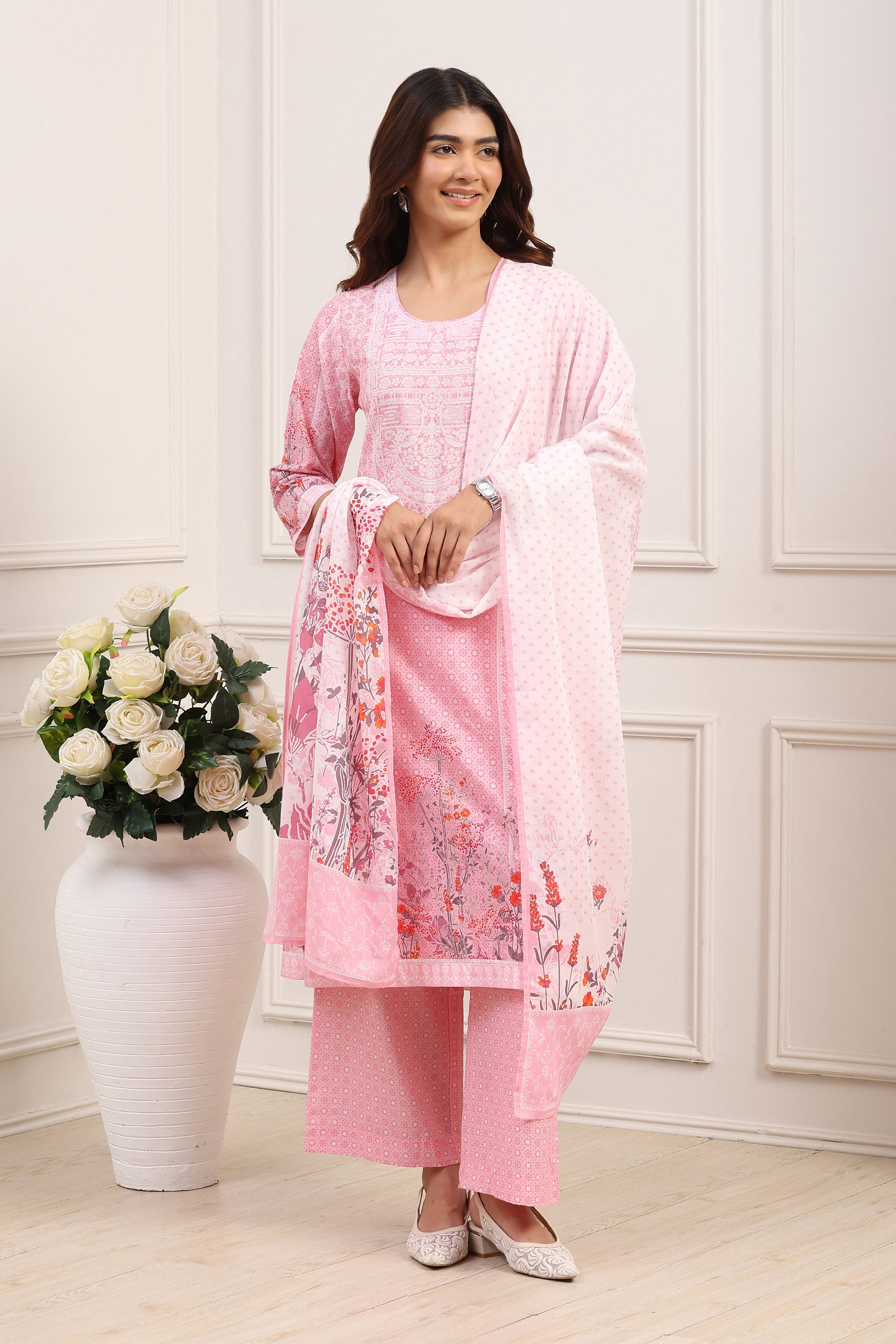 Powder Blue Cotton Straight Kurta Palazzo Suit Set image number 6