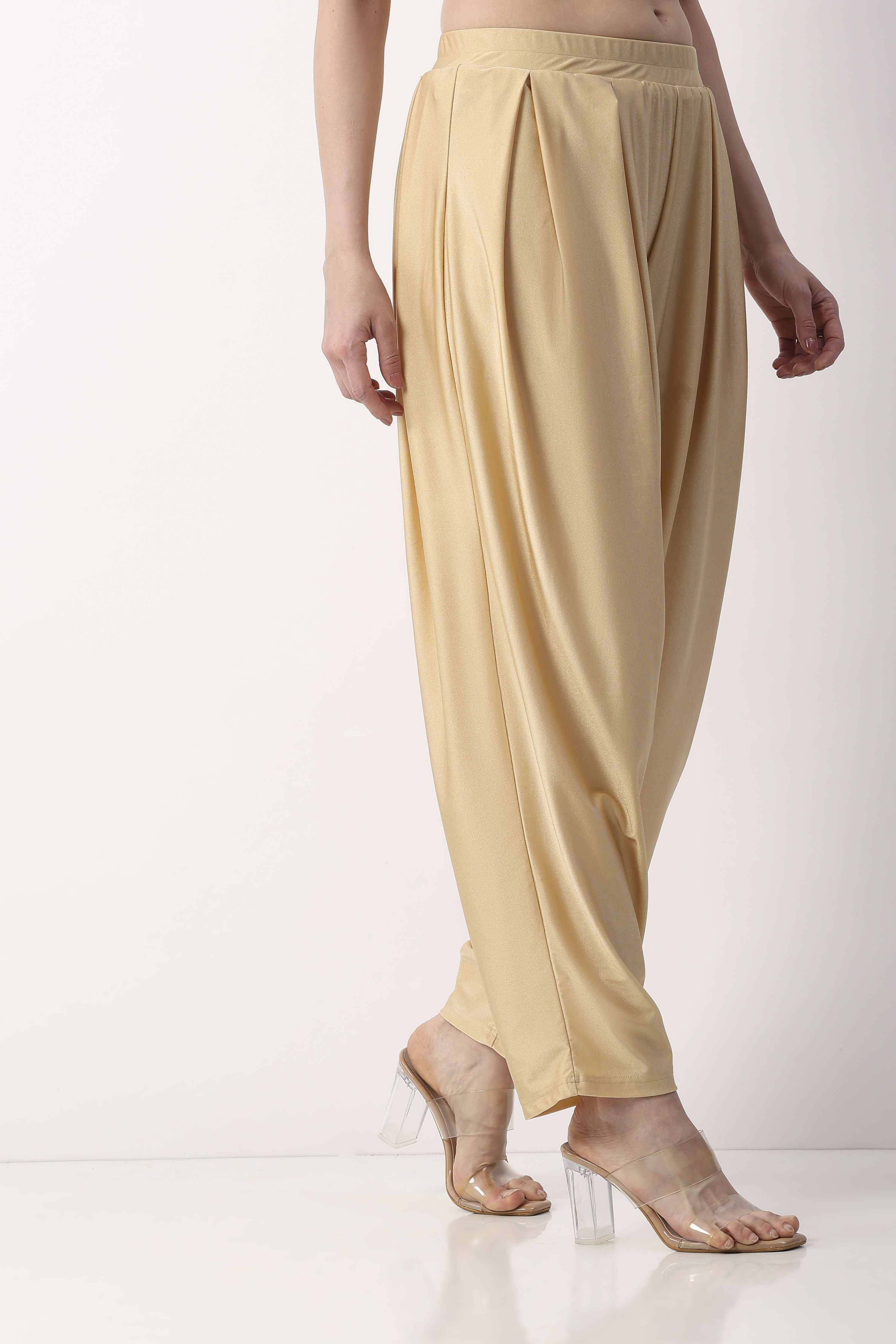 Gold-Toned Viscose Lycra Pleated Straight Palazzo image number 2