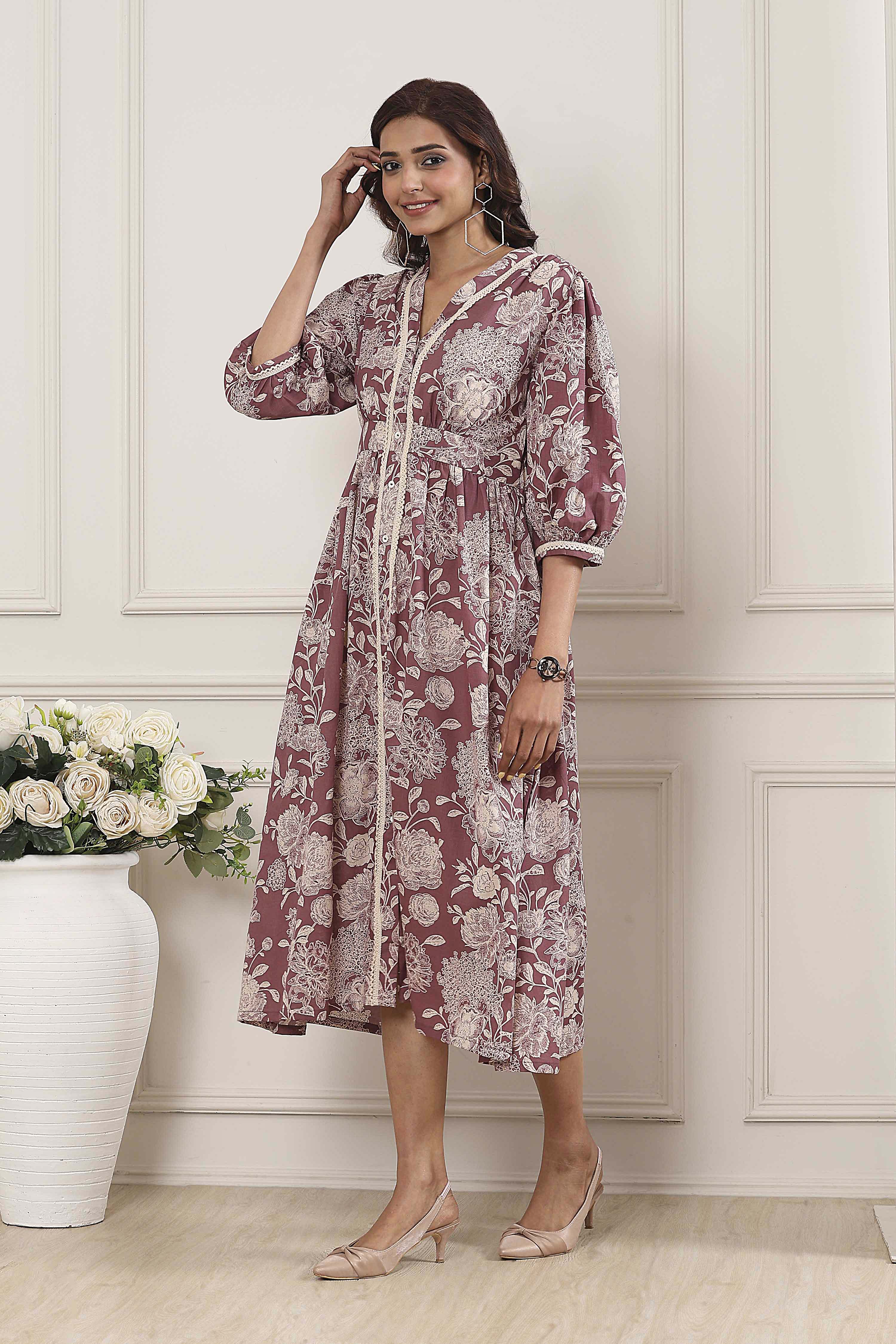 Nude-Colored Cotton Printed Flared A-Line Dress image number 2