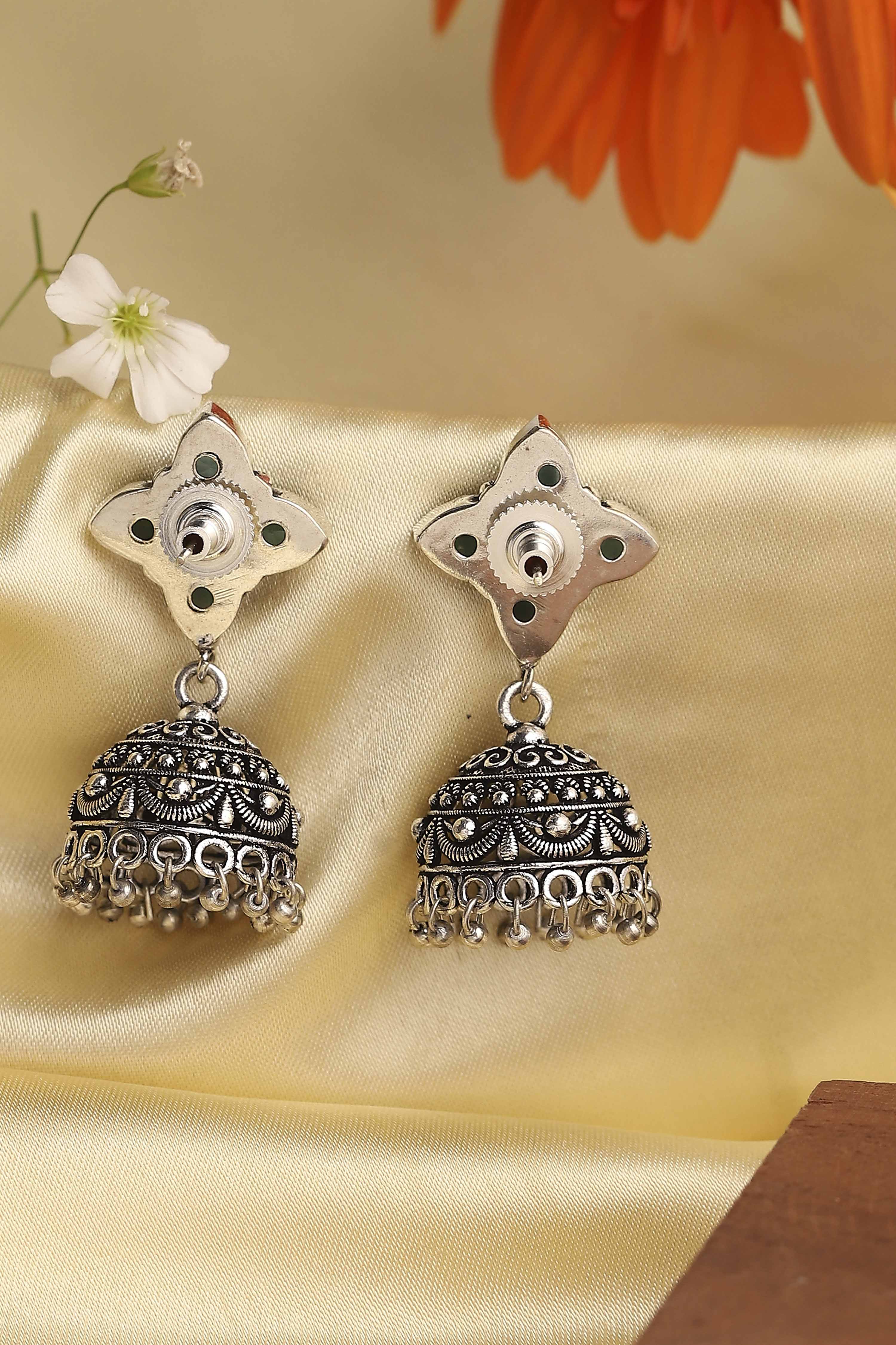 Green Brass Stoned Studded Jhumkas image number 2