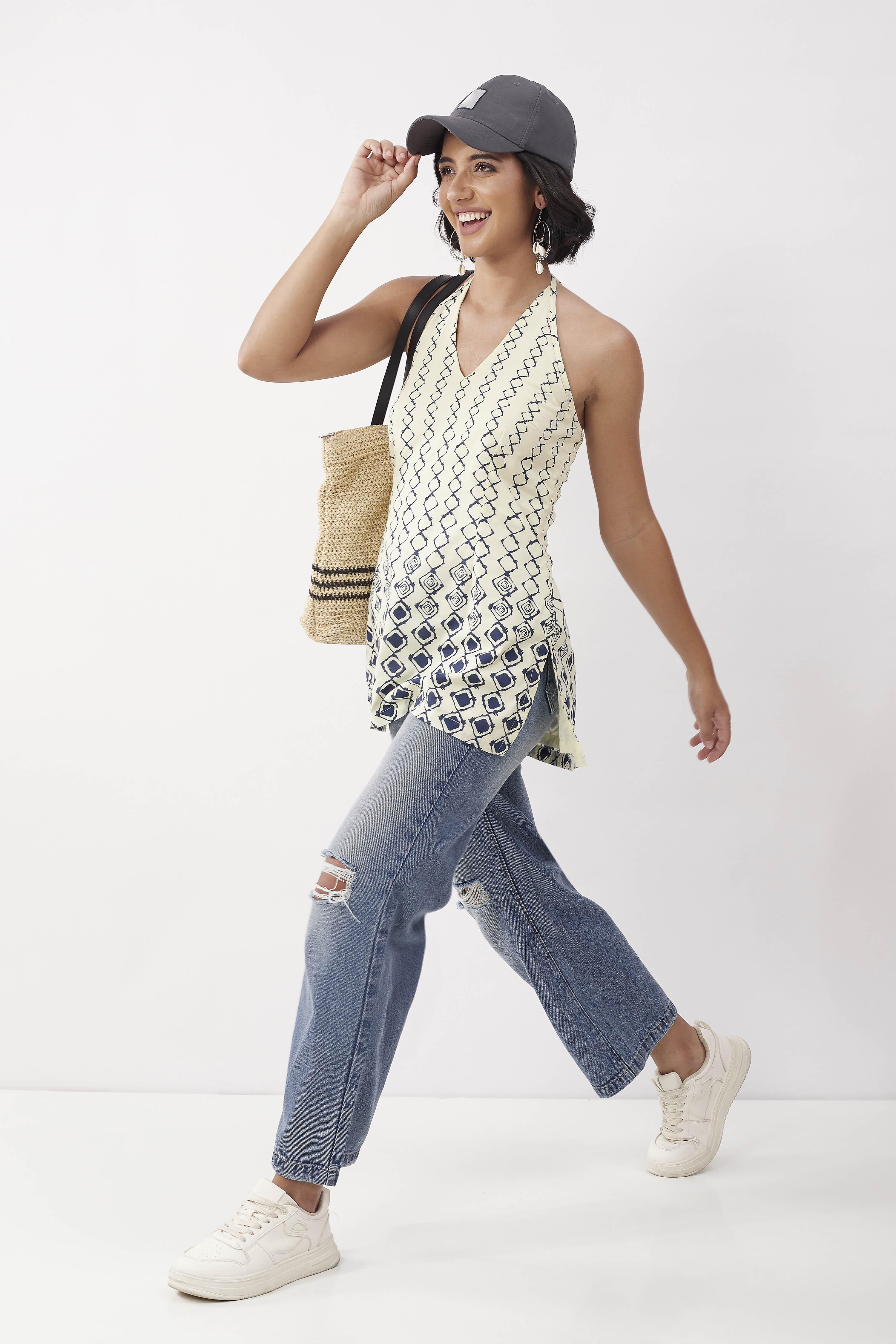 Ivory Cotton Geometric Tie-Up Halter Kurti image number 0
