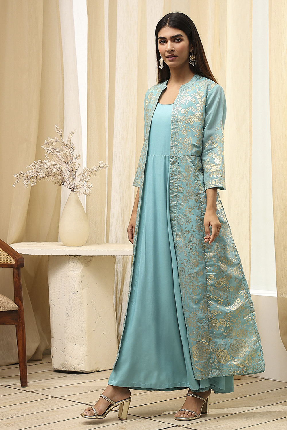 Earthy Brown Printed Layered Cape Dress image number 3