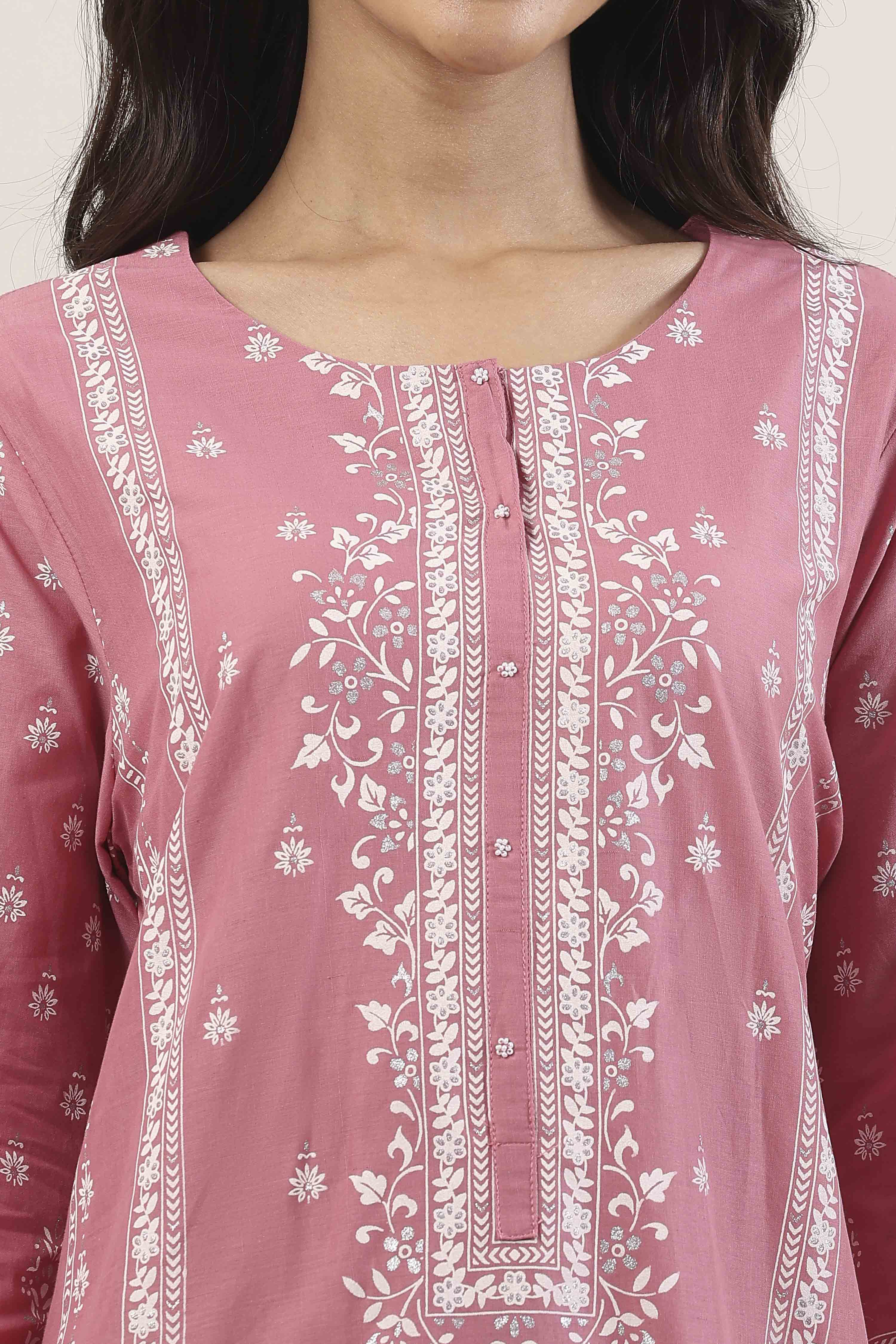 Turquoise Blue Cotton Floral Printed Straight Suit Set image number 1