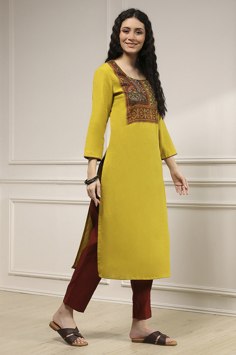 Yellow Cotton Hand Block Print Unstitched Suit Set image number 6