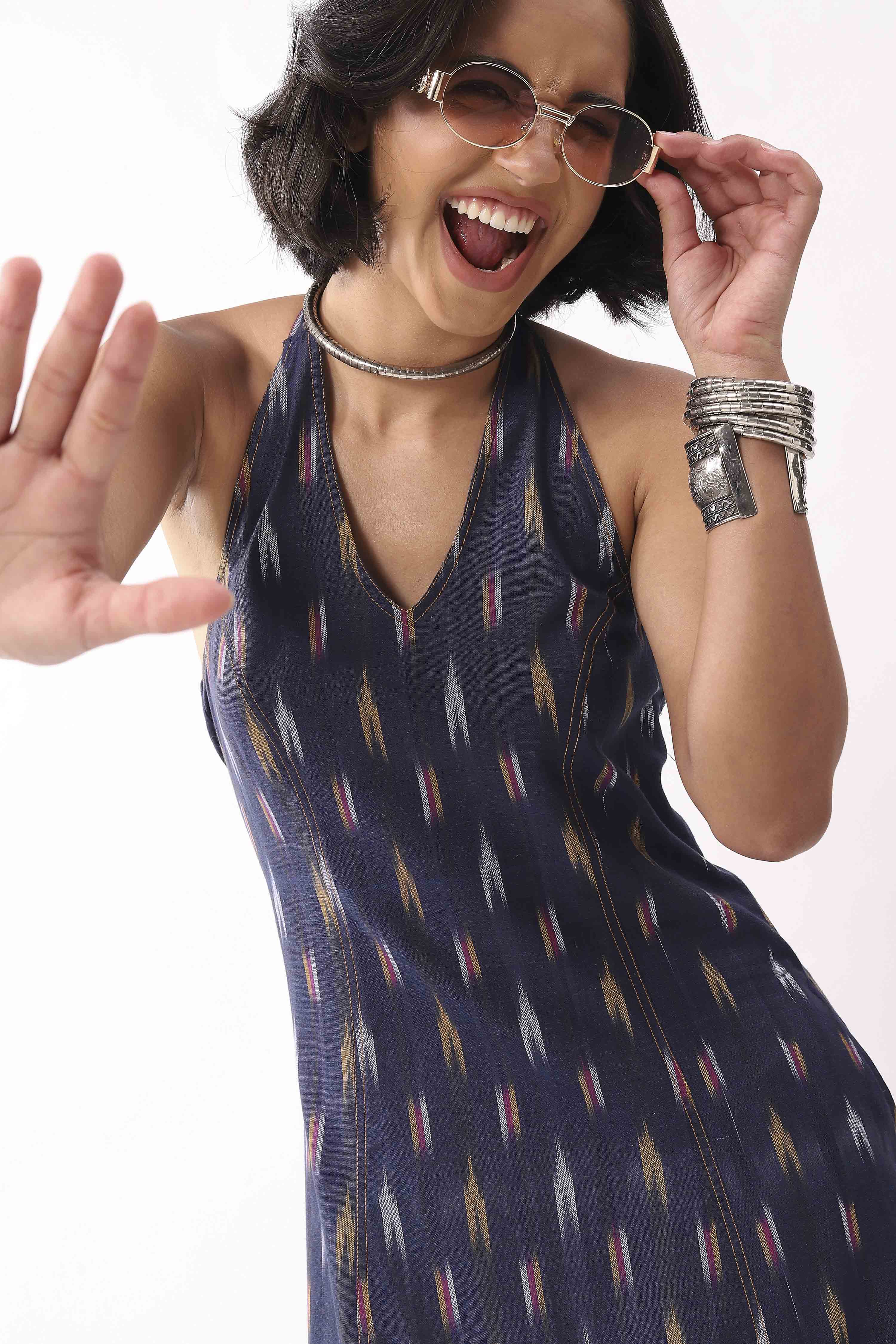 Navy Blue Cotton Abstract A-Line Midi Dress image number 1