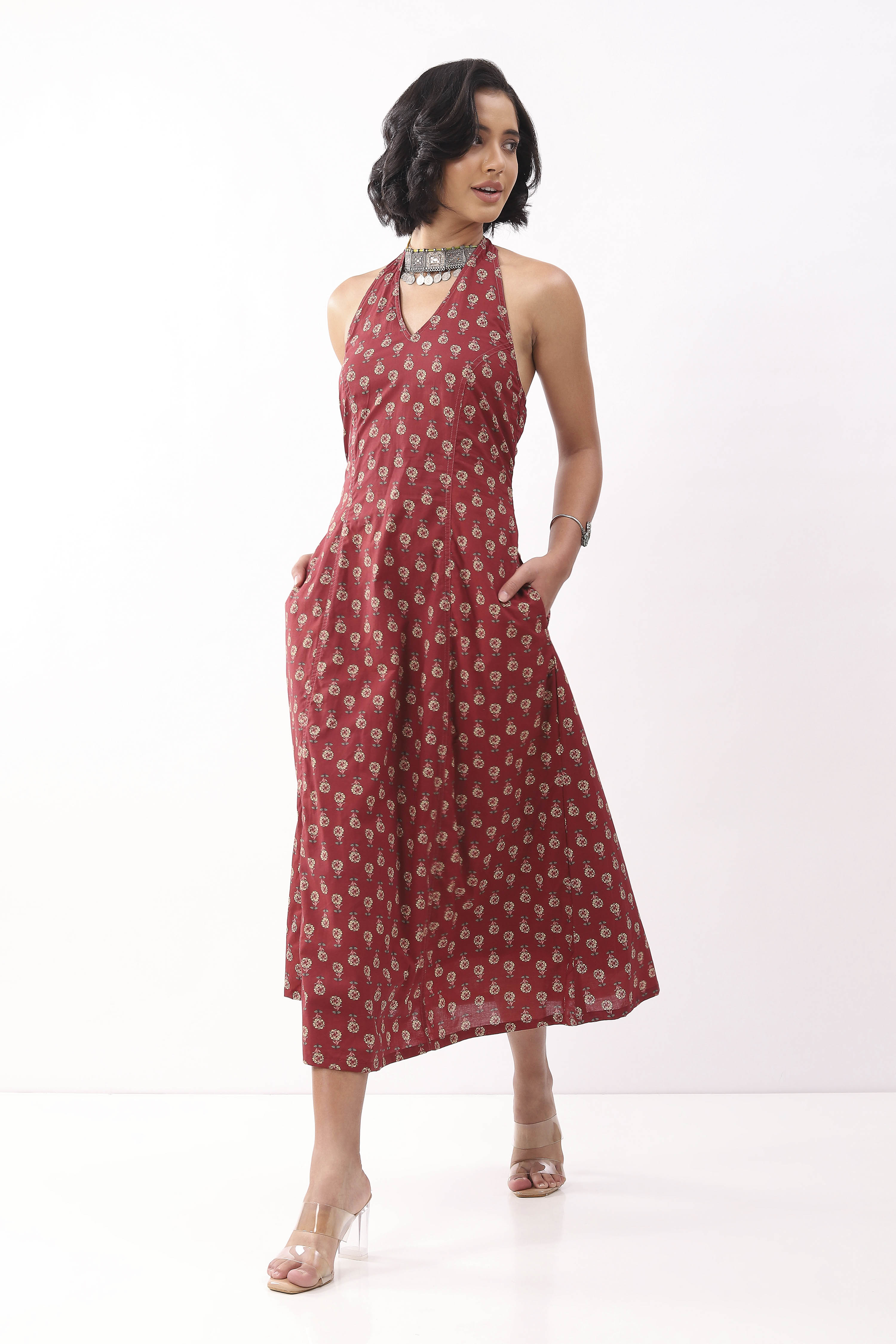 Red Cotton Floral Printed Lace-Up Midi Dress image number 2