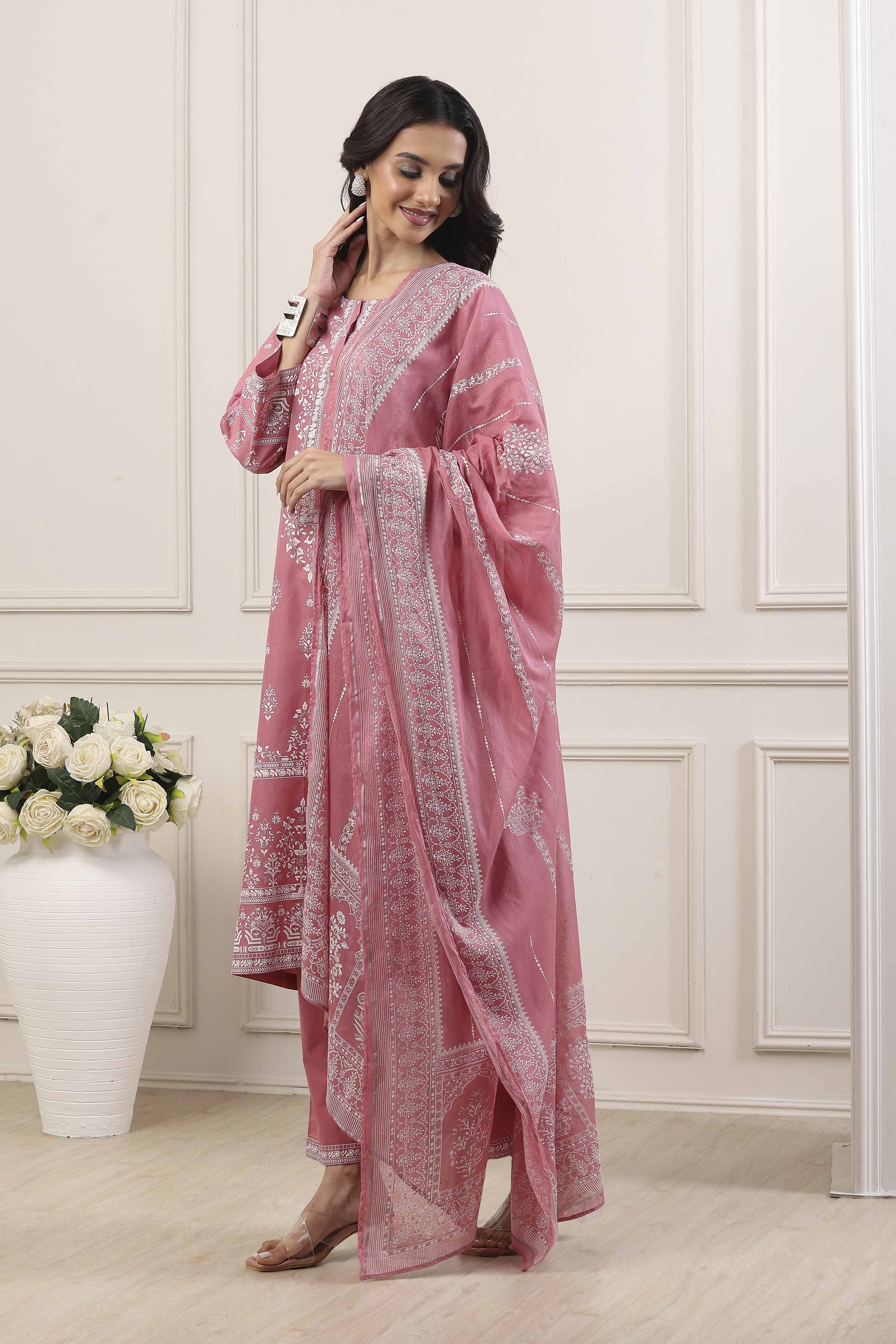 Turquoise Blue Cotton Floral Printed Straight Suit Set image number 4
