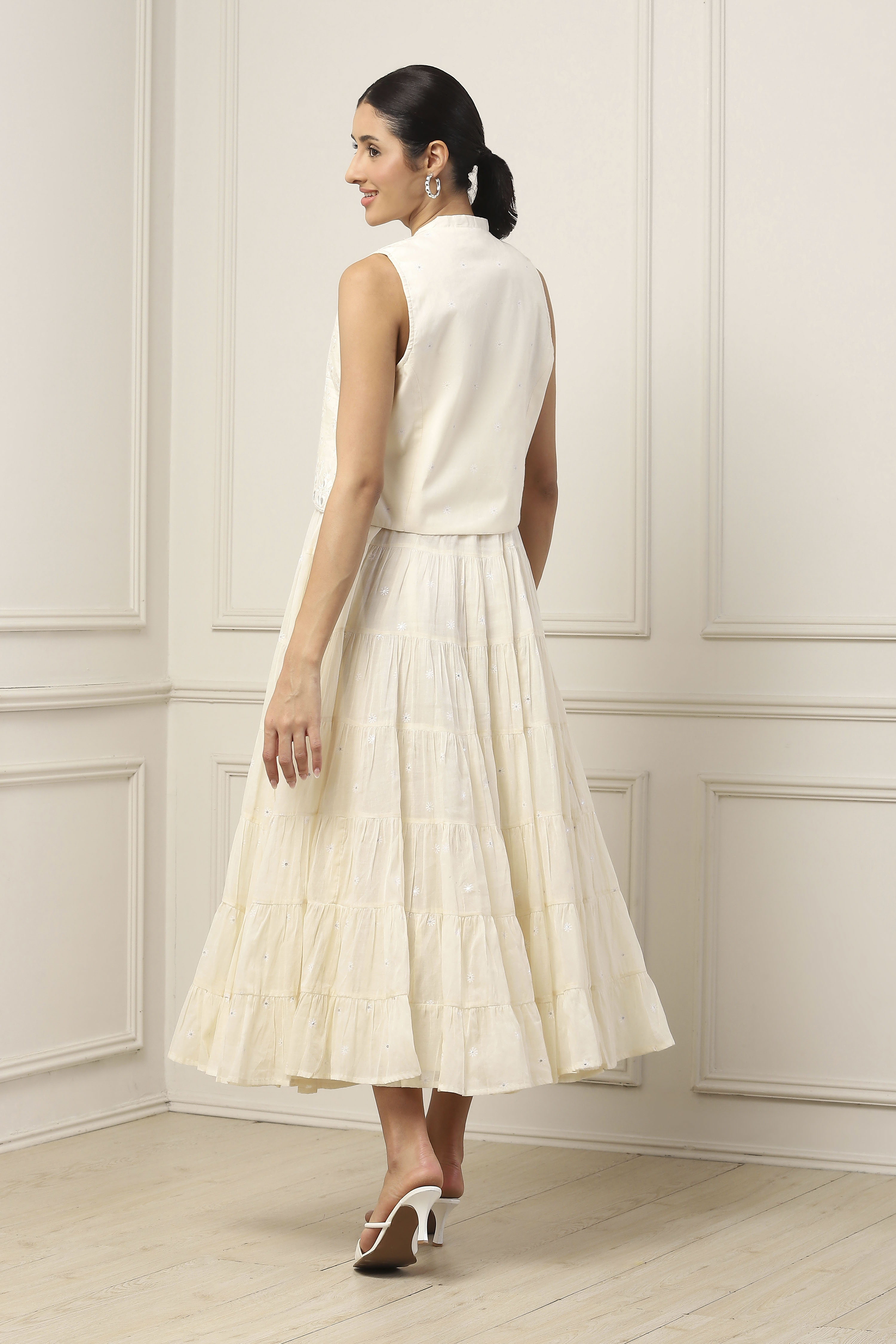 Yellow Cotton Embroidered Tiered Dress With Jacket image number 3