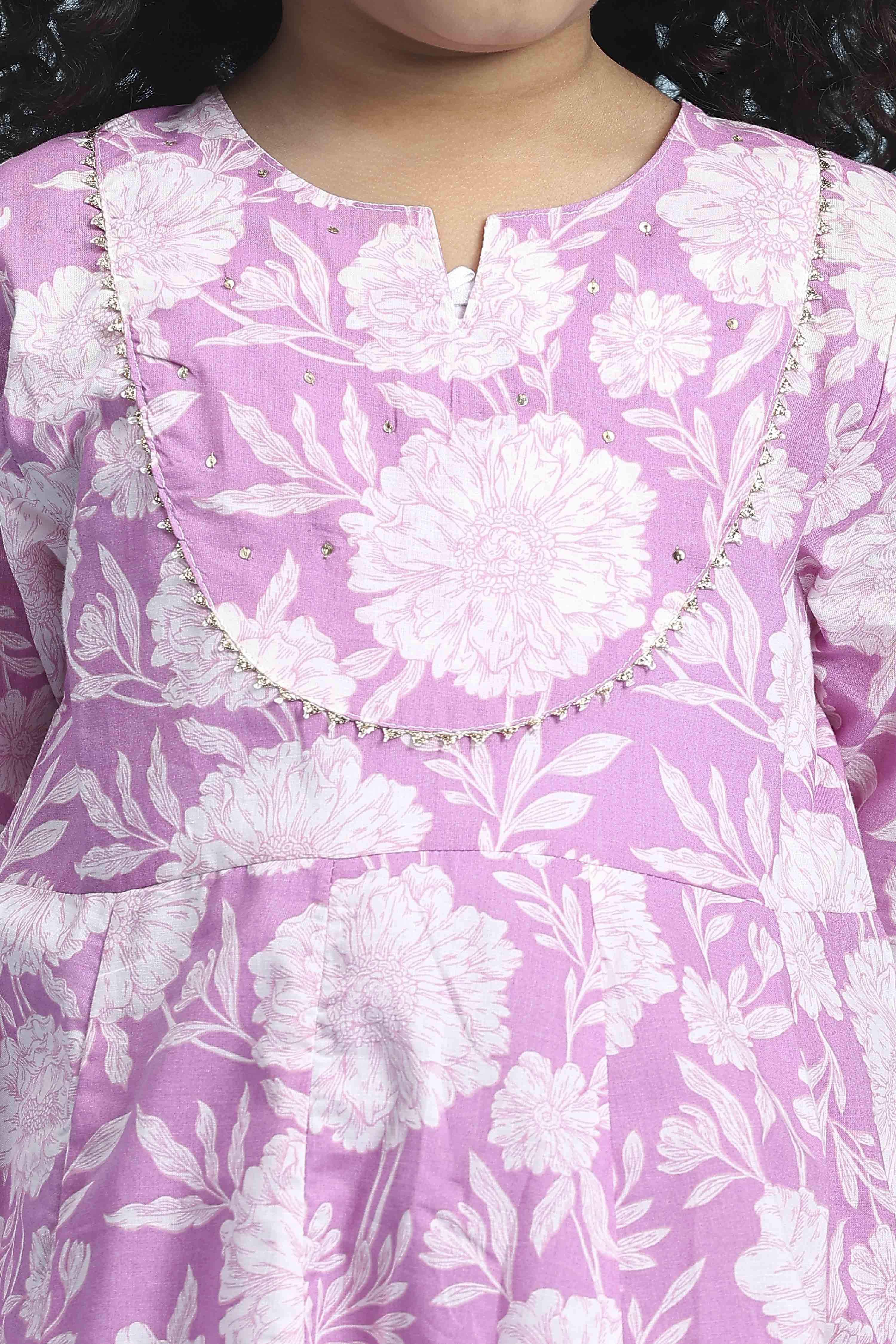 Purple Cotton Printed Kalidar Kurta Set image number 1