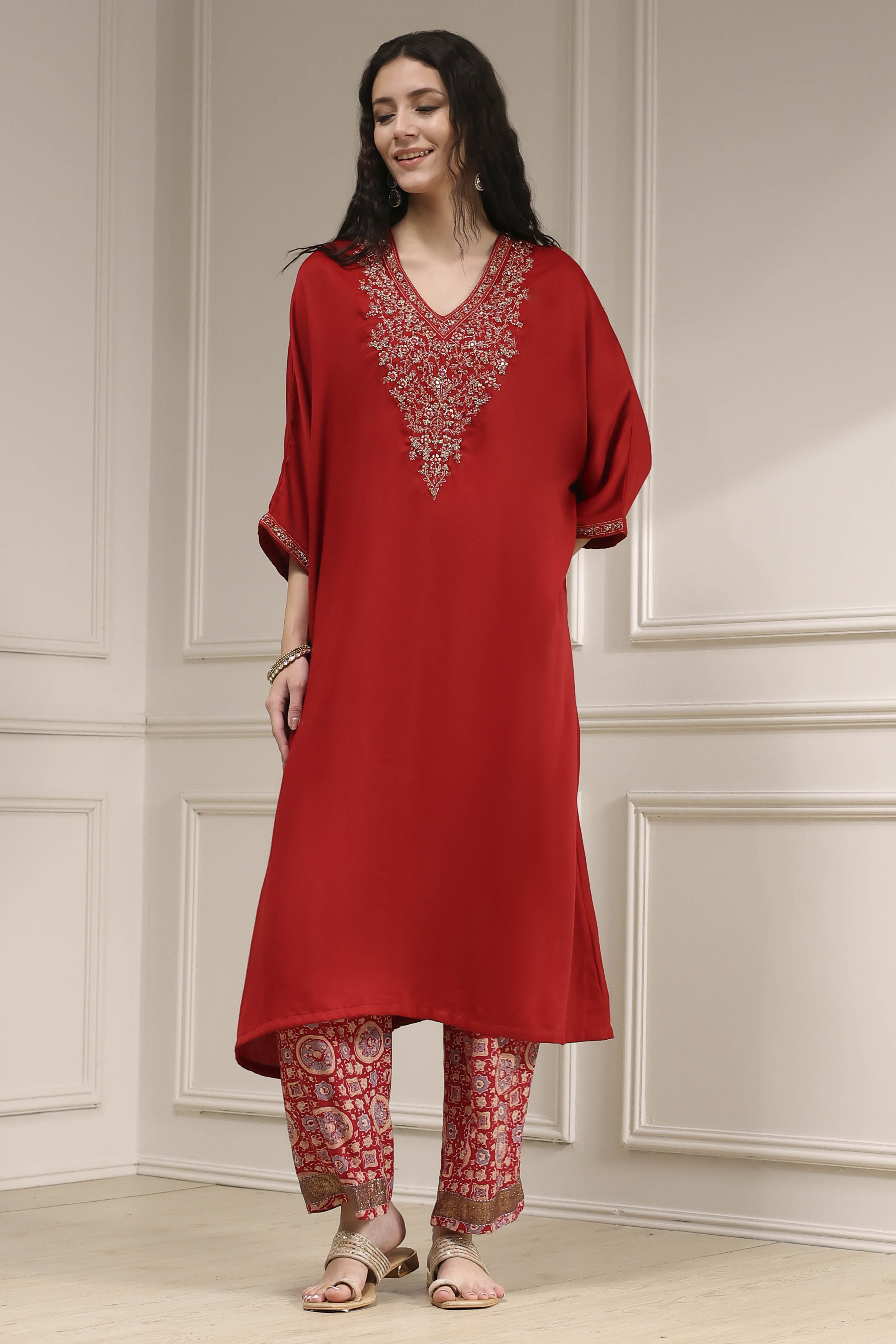 Purple Satin Solid Kaftan-Style Kurta Set image number 6