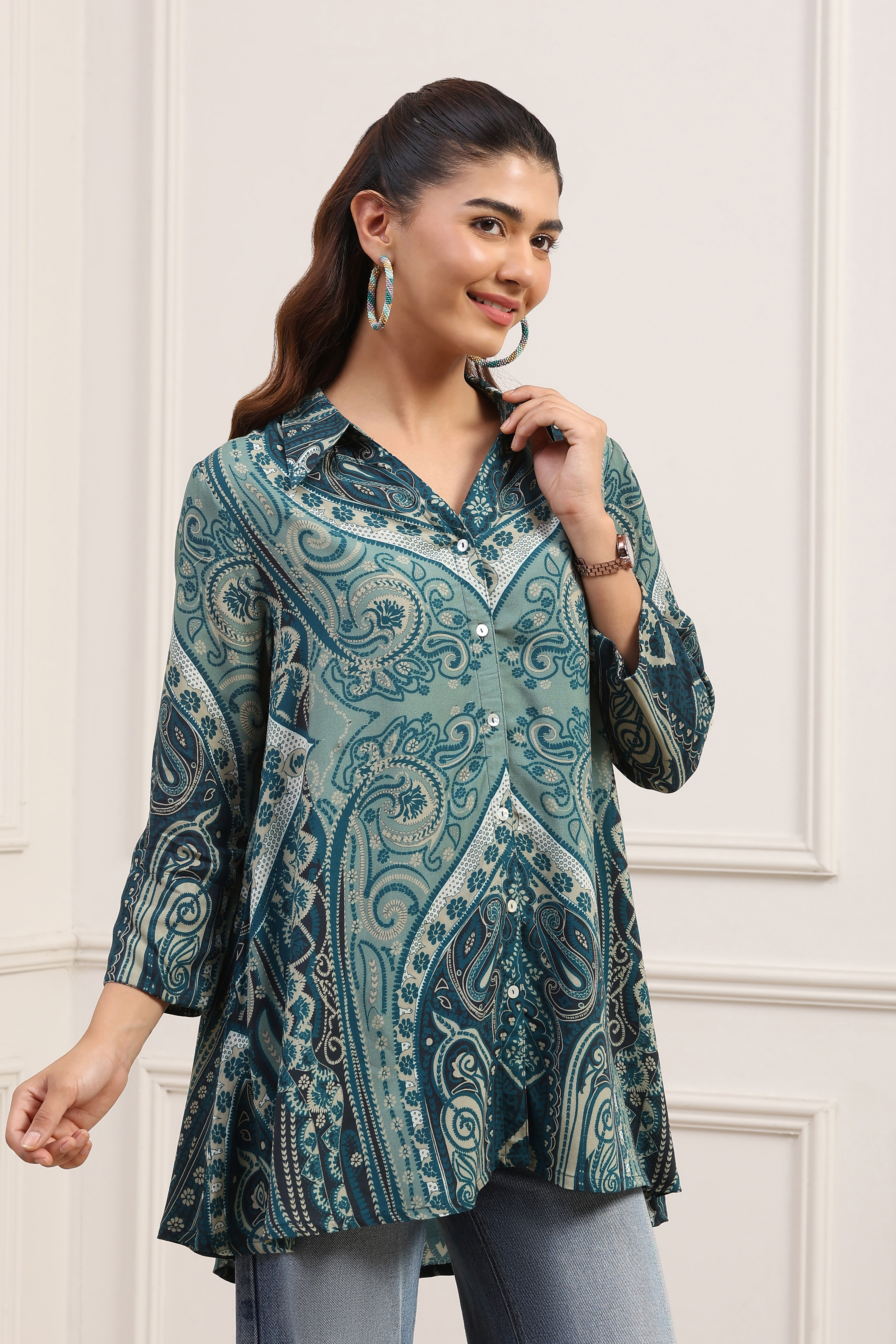 Teal LIVA Straight Printed Shirt image number 4