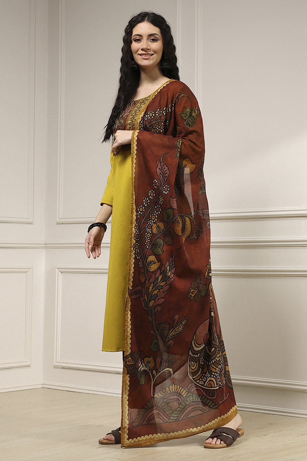 Yellow Cotton Hand Block Print Unstitched Suit Set image number 4