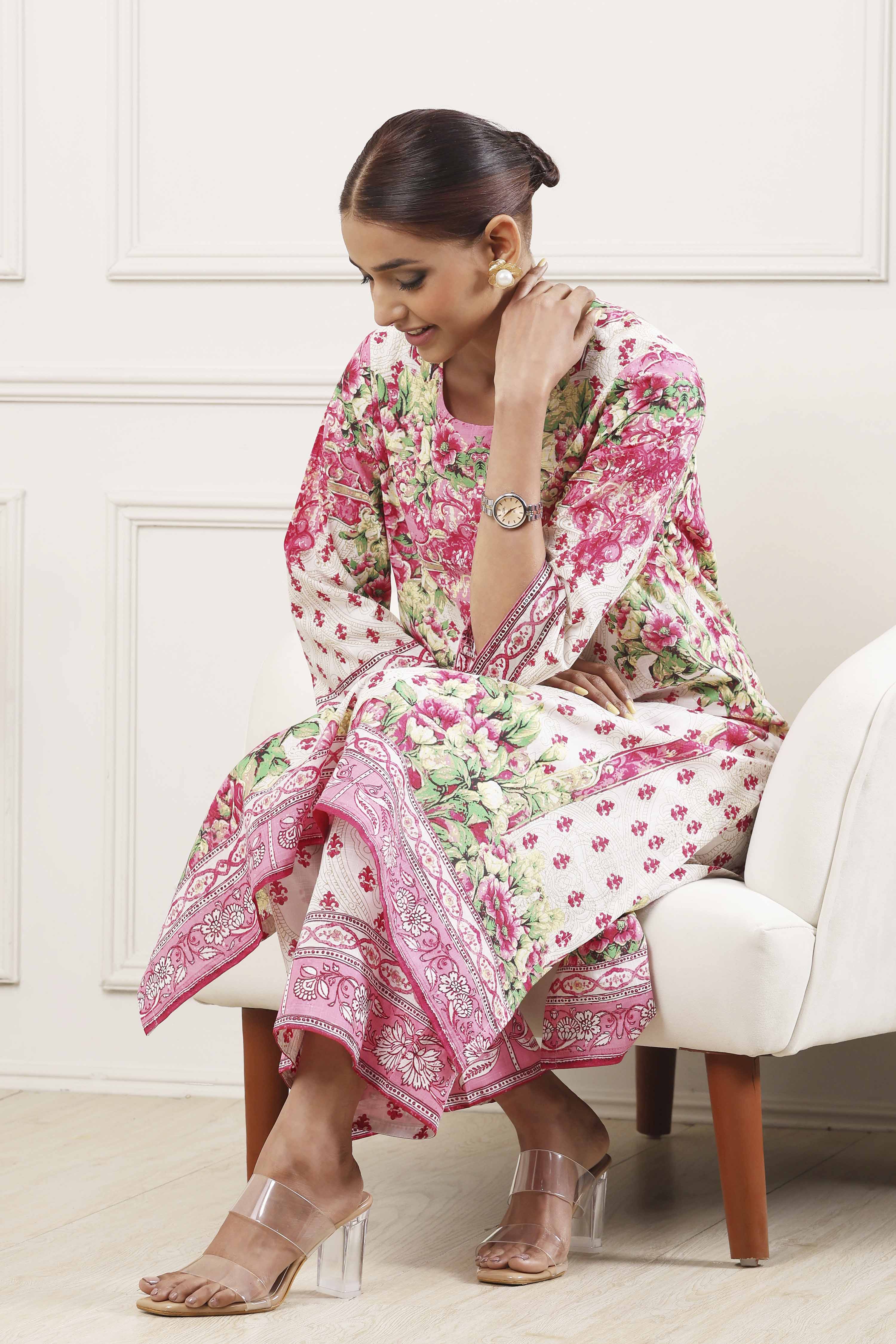 Pink and White Cotton Printed Straight Kurta Set image number 0