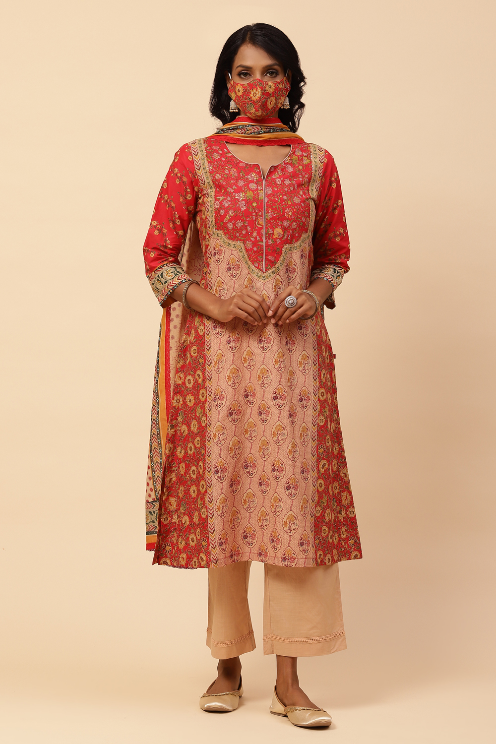 Khaki Cotton Straight Kurta Narrow Palazzo Suit Set image number 4