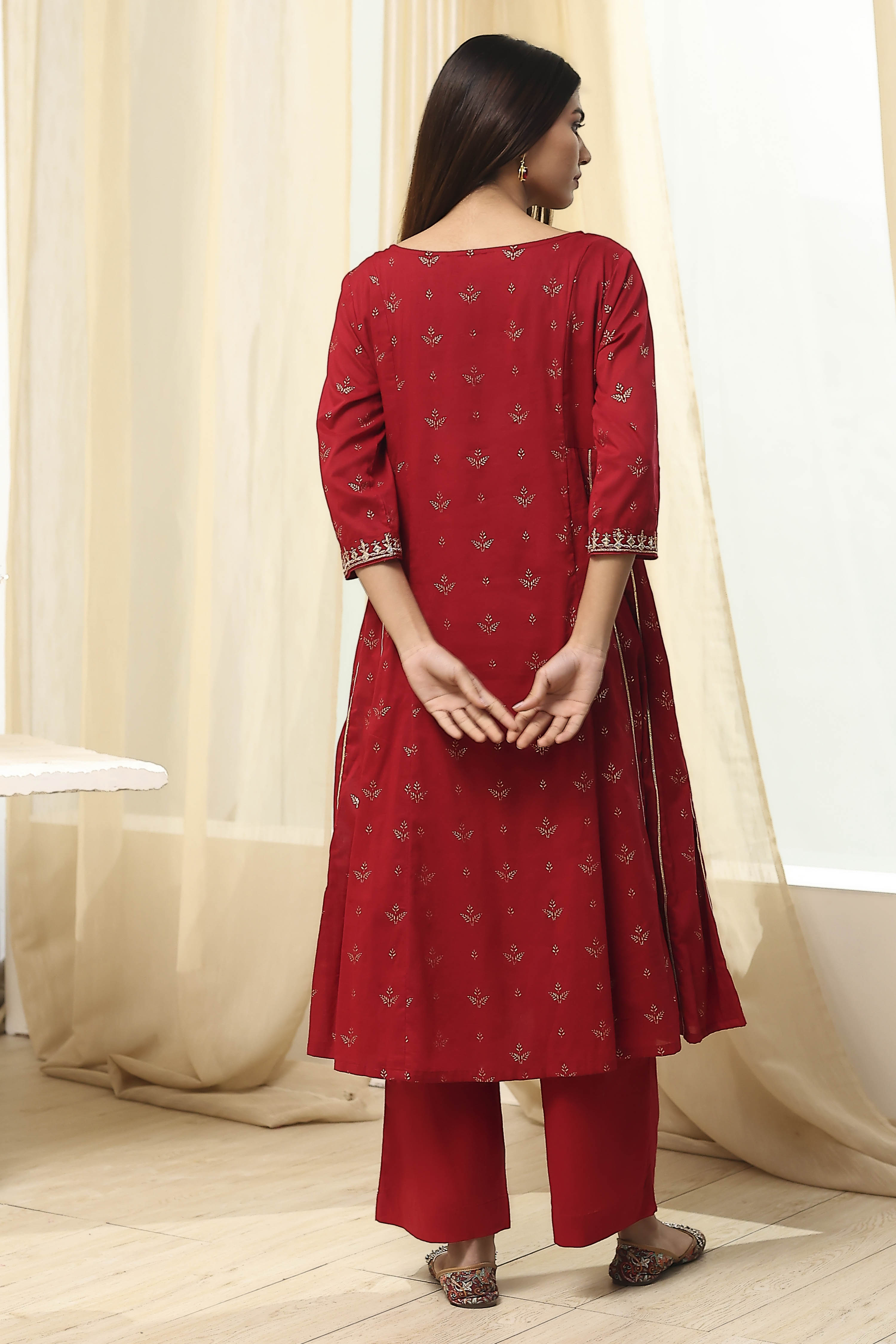 Red Cotton Foil Printed Kalidar Suit Set image number 4