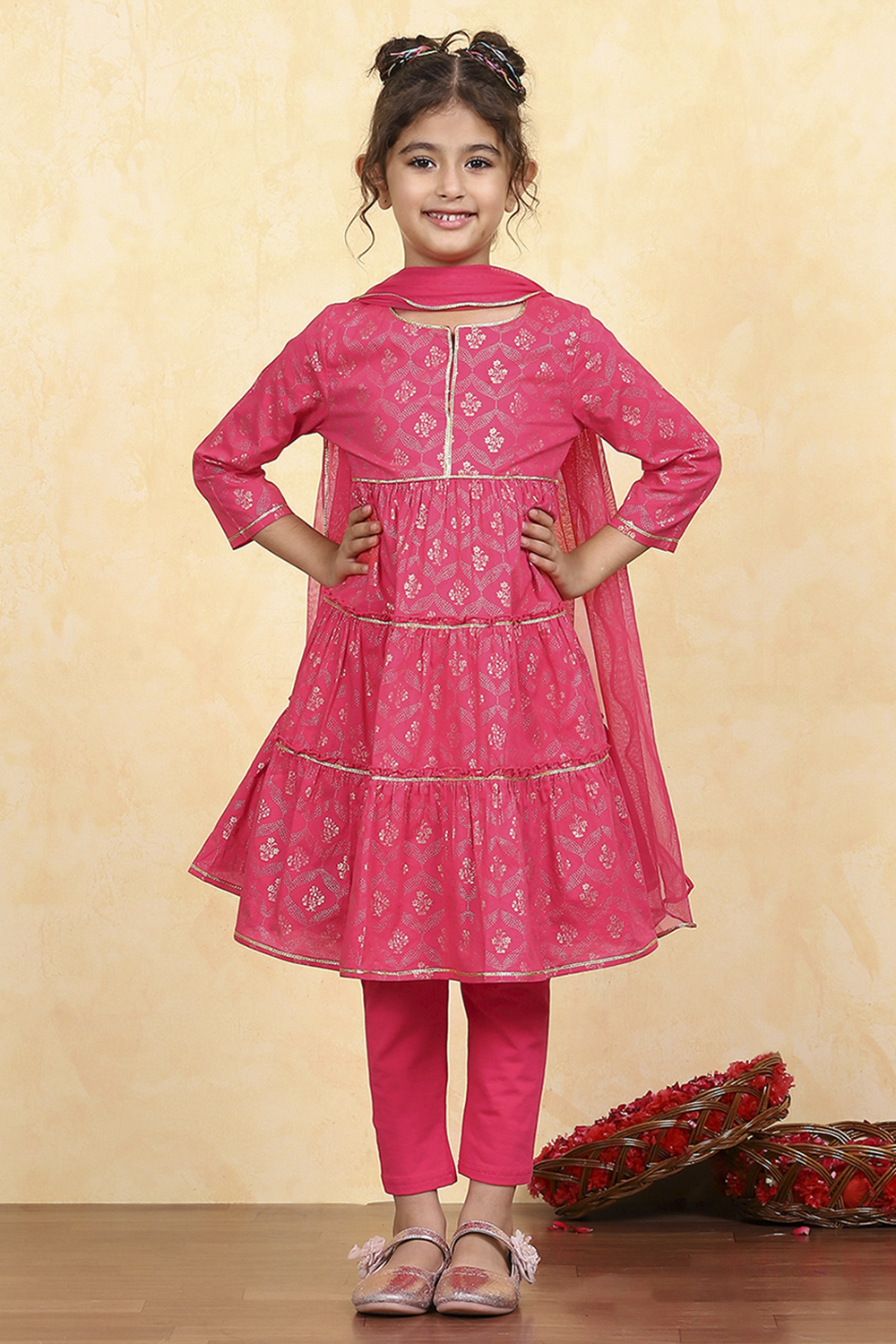 Blue Cotton Tiered Printed Kurta Churidar Set image number 6