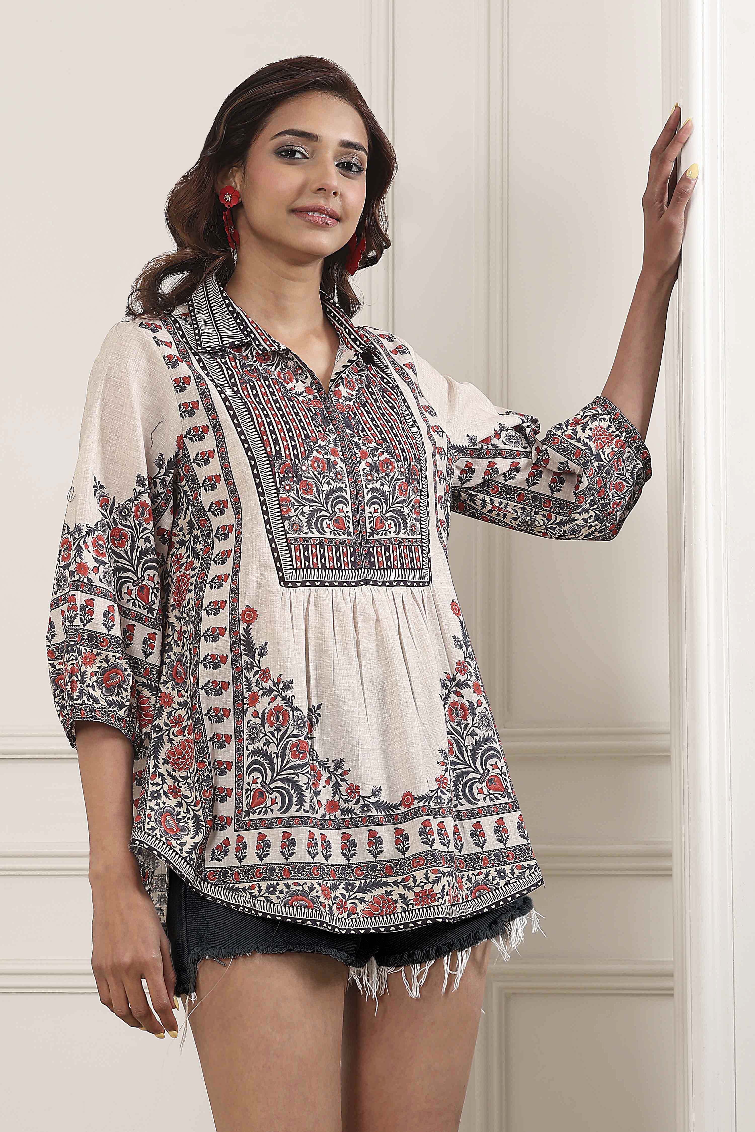Brown Cotton Printed Straight Short Kurta image number 4