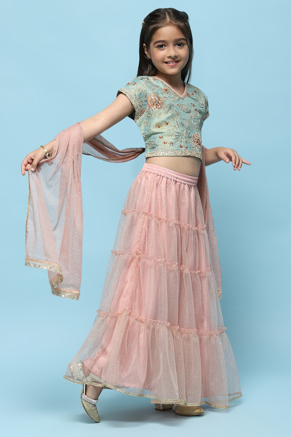 Green Cotton Tissue Blouse Tiered Lehenga & Net Dupatta image number 6