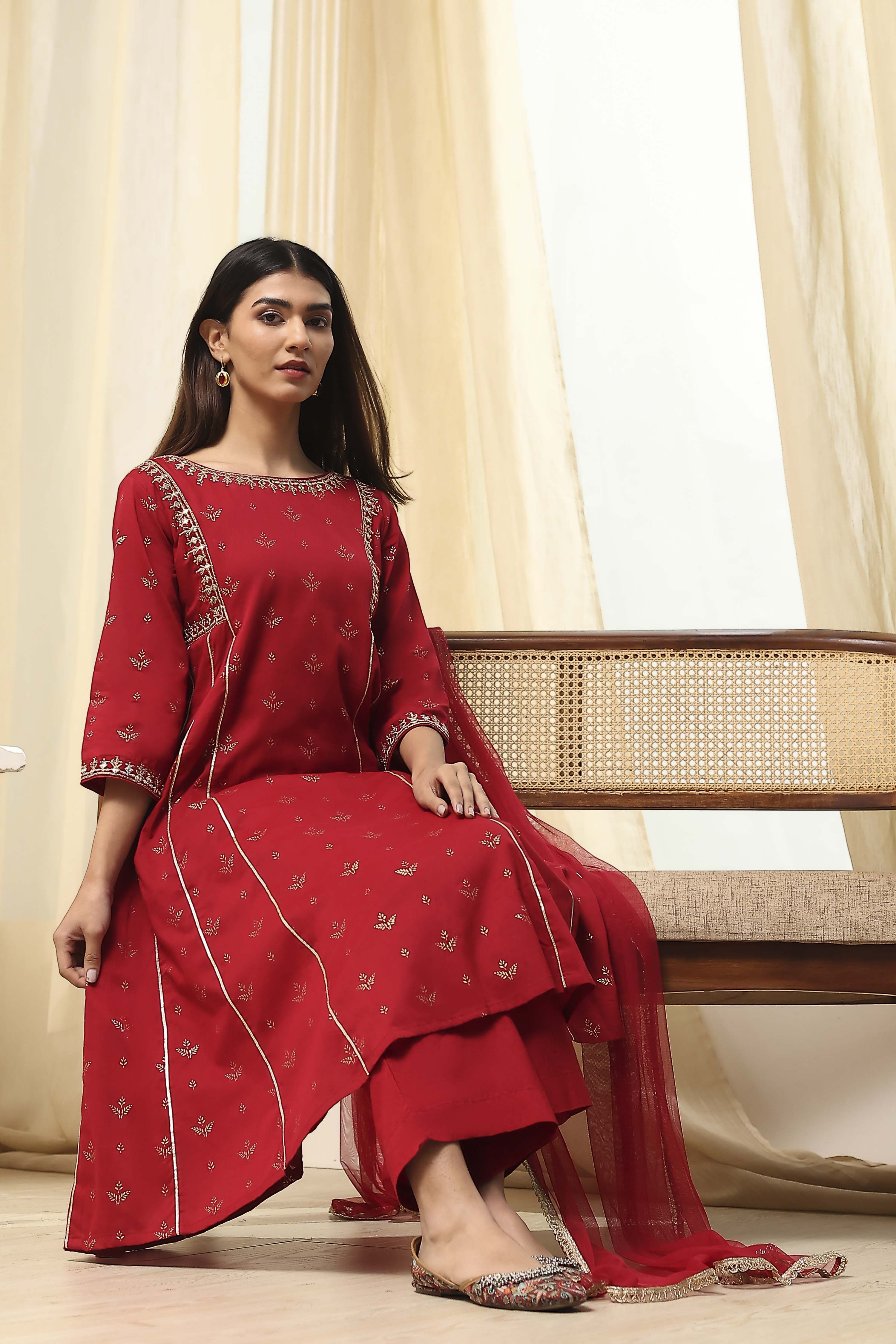 Red Cotton Foil Printed Kalidar Suit Set image number 0
