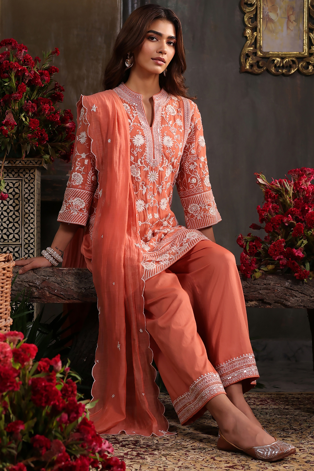 Earthy Blue Chanderi Embroidered Straight Suit Set image number 5