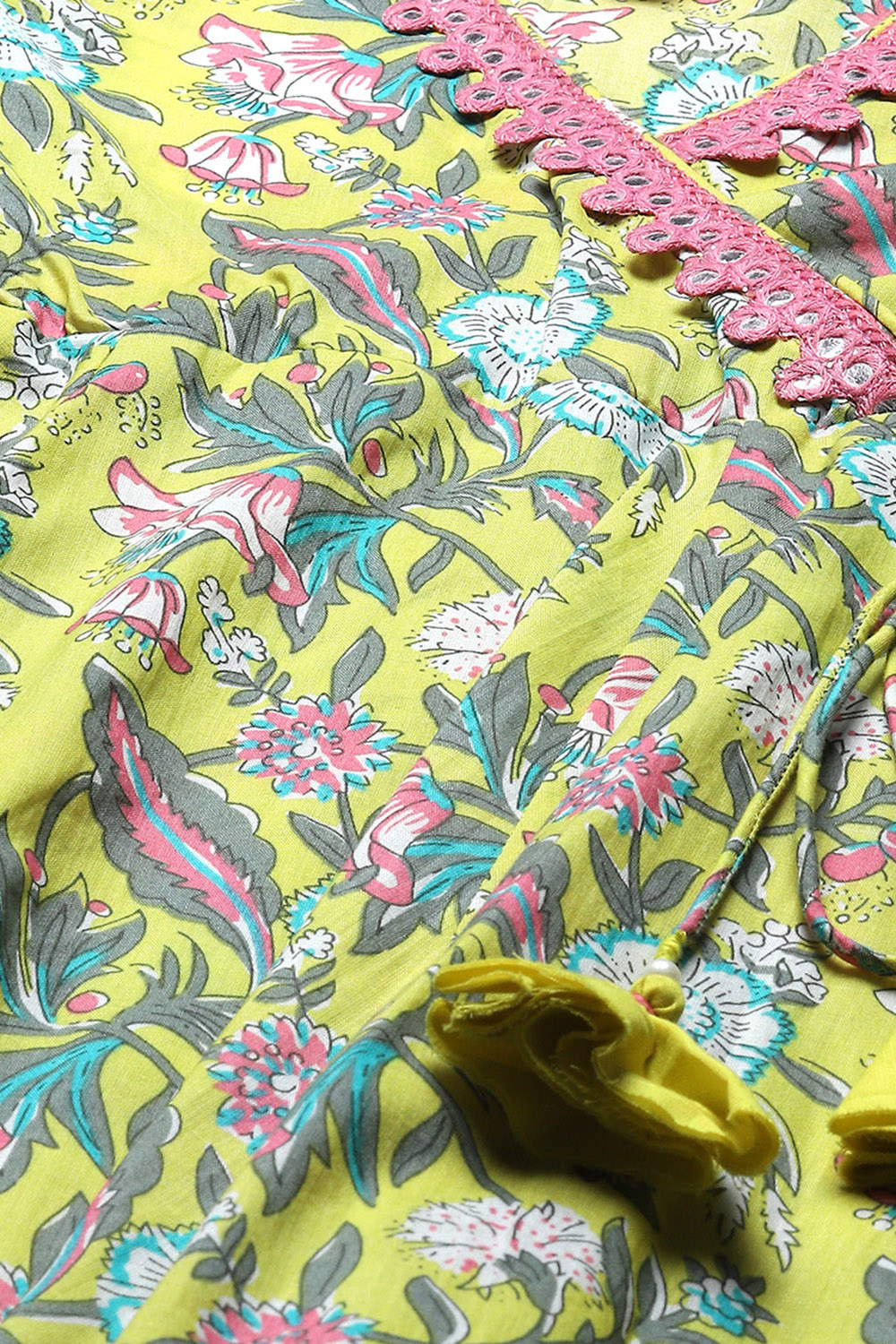 Yellow Cotton Printed Angrakha Flared Suit Set image number 1