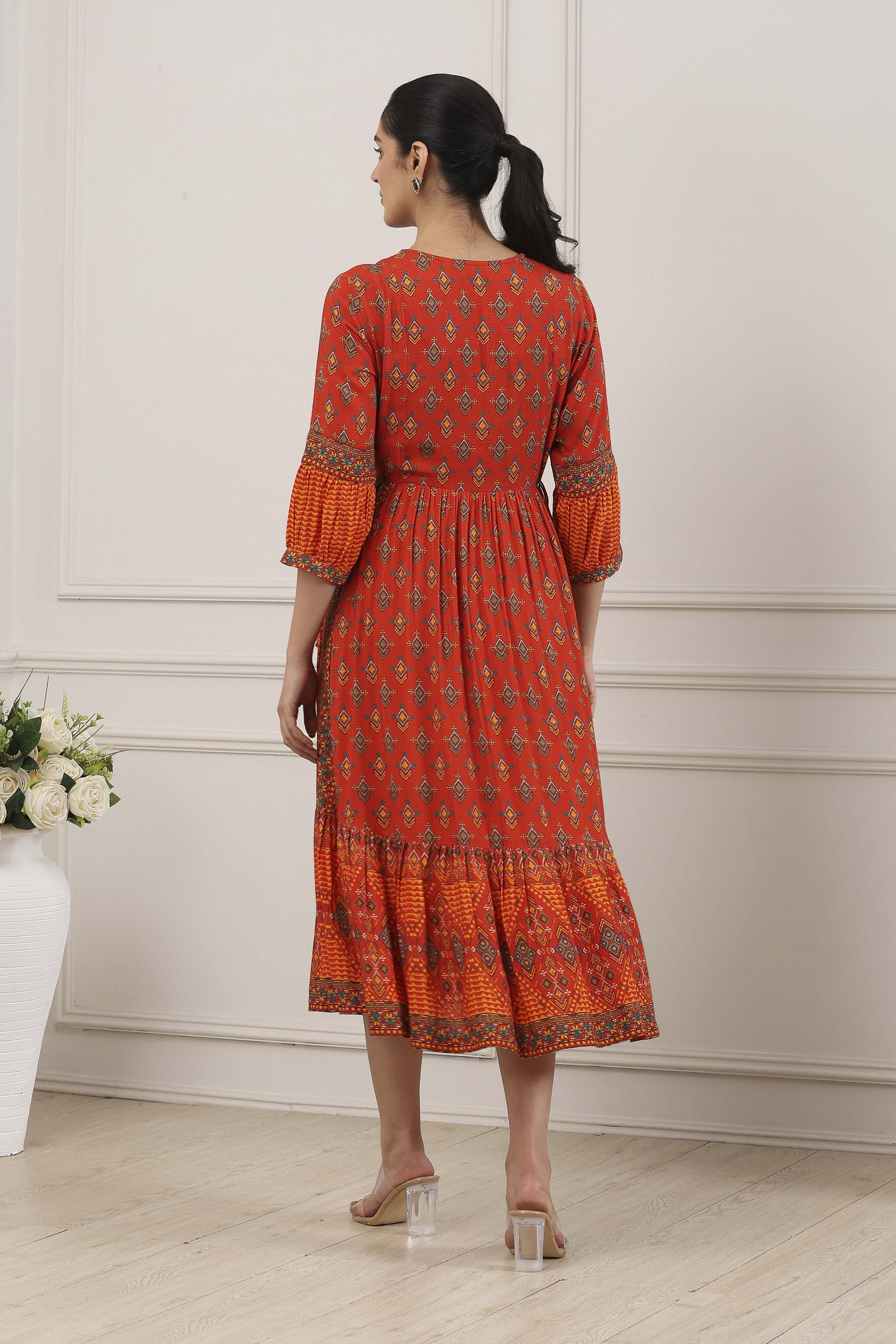 Indigo Ethnic Motifs Flared Midi Dress image number 3