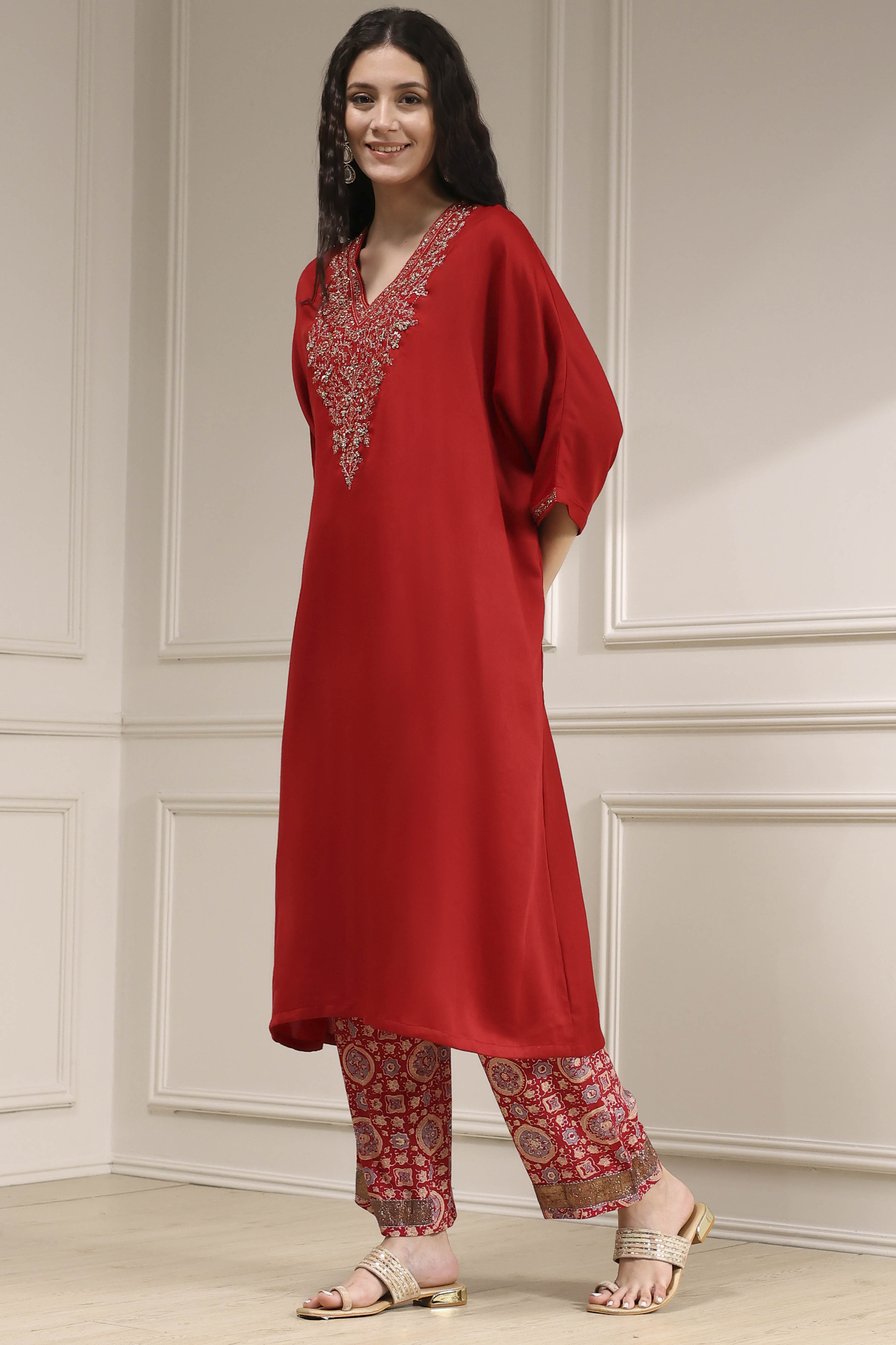Purple Satin Solid Kaftan-Style Kurta Set image number 3