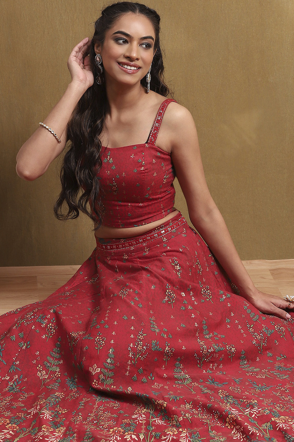 Red Satin Printed Lightweight Lehenga Set image number 0
