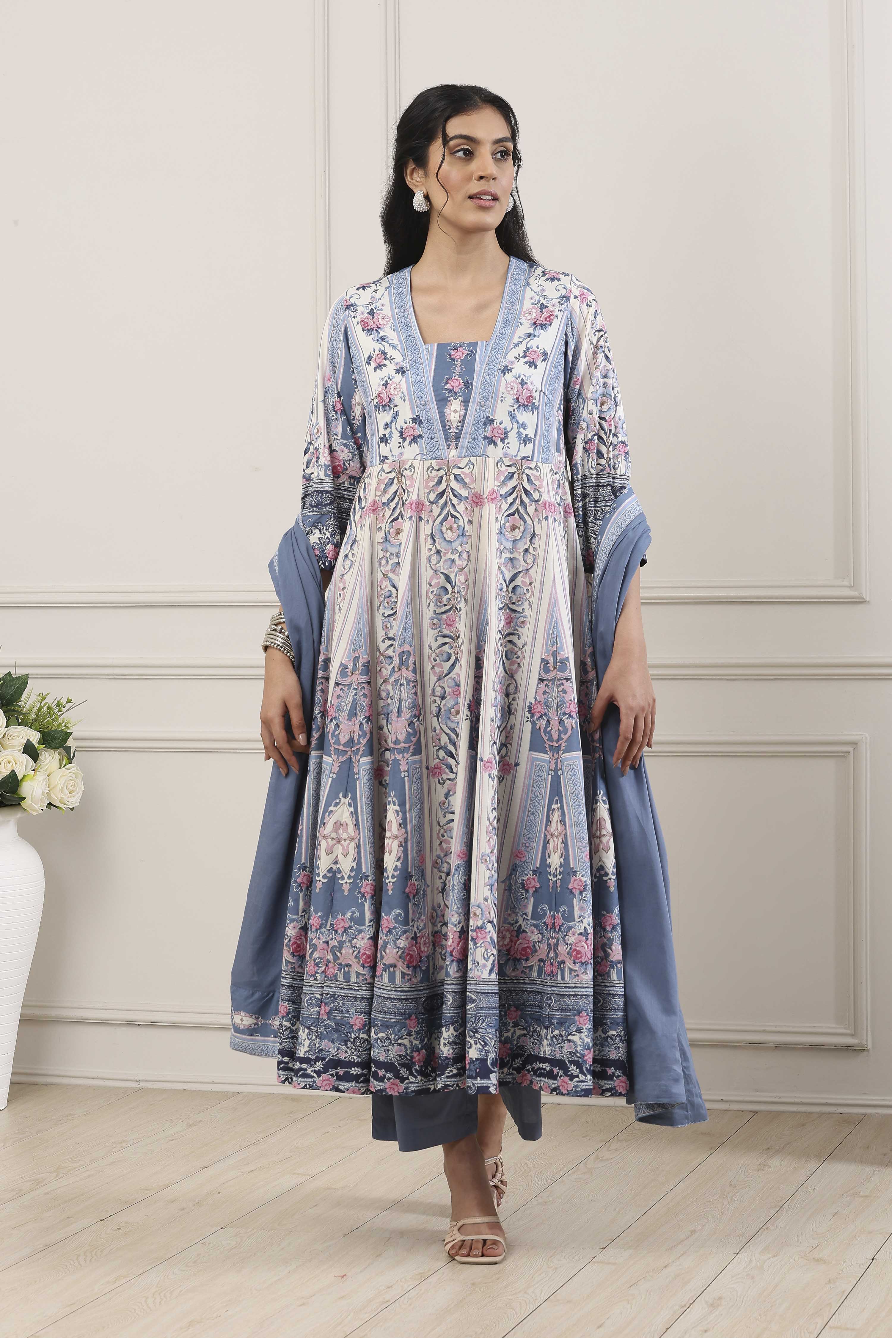 Blue Cotton Floral Printed Anarkali Suit Set image number 0