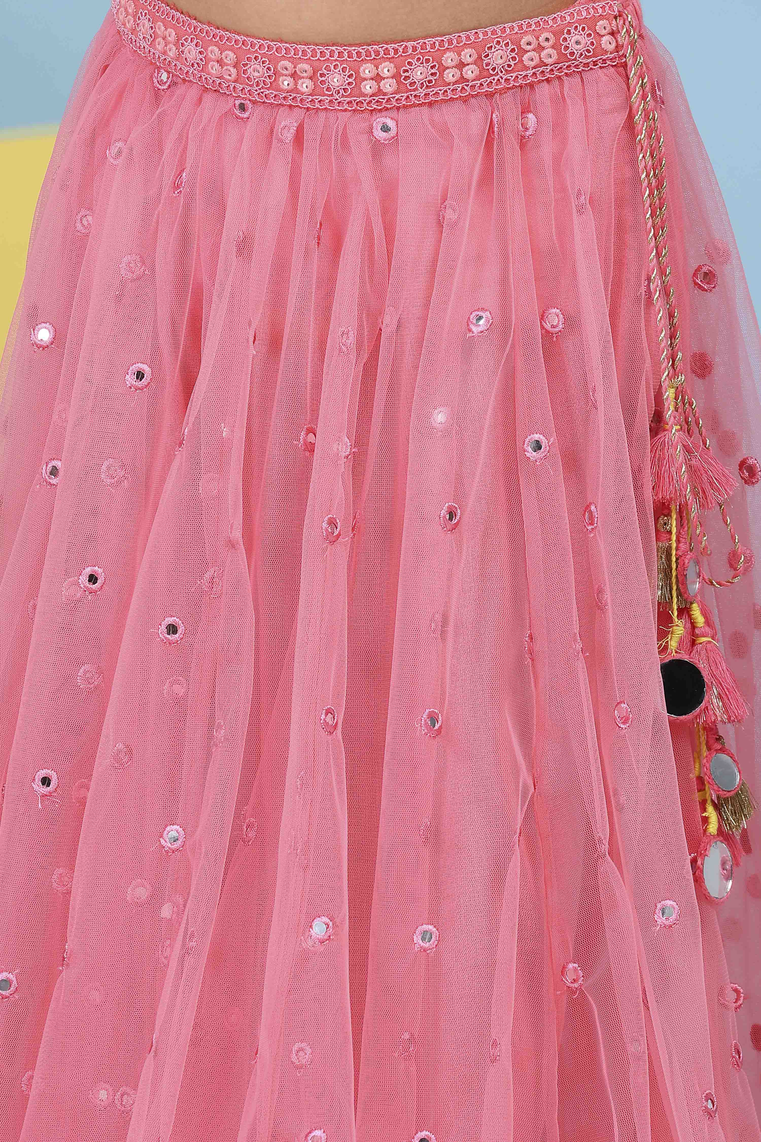 Pink Cotton Mirror Work Embroidered Lehenga Set image number 2