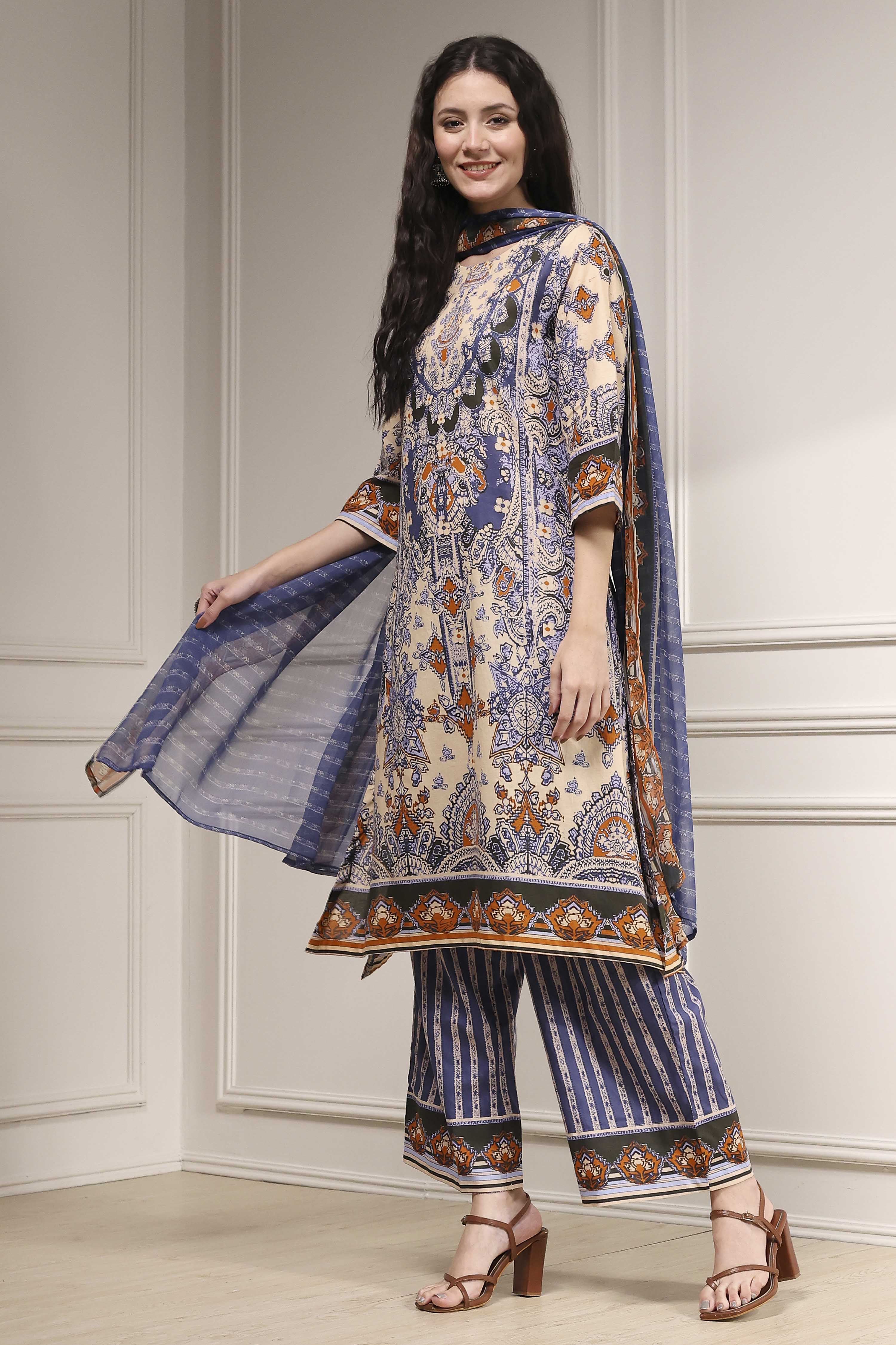 Navy Blue and Beige Cotton Straight Suit Set image number 3
