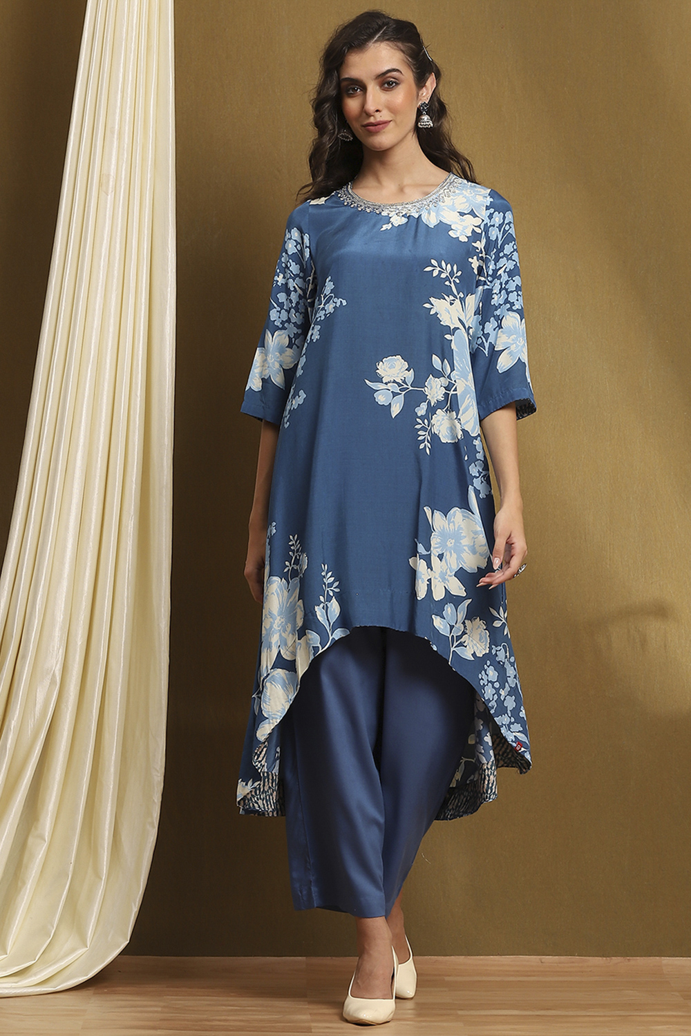 Coral Modal Floral Printed Asymmetric Kurta Set image number 0