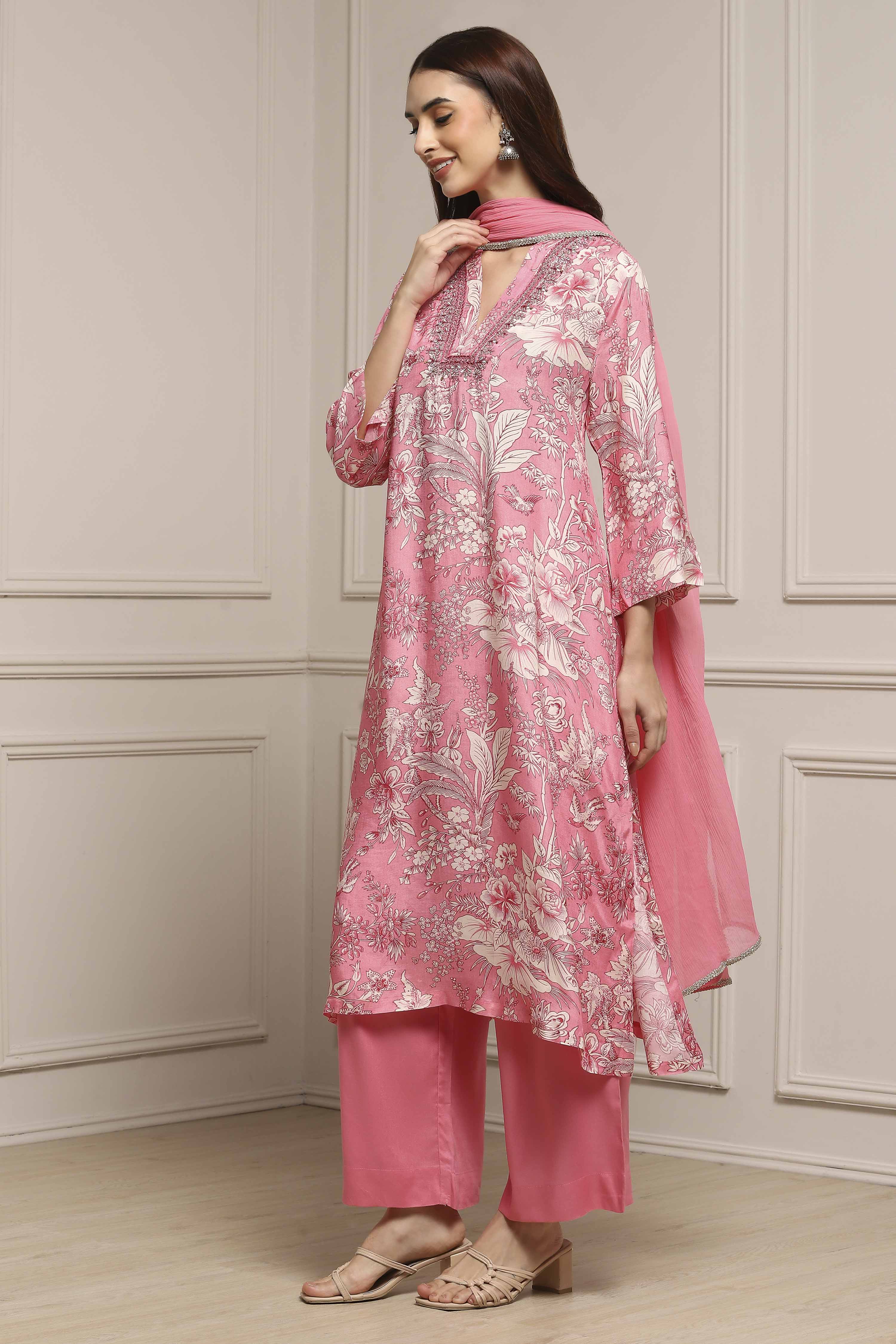 Blue Floral Printed Asymmetric Suit Set image number 3