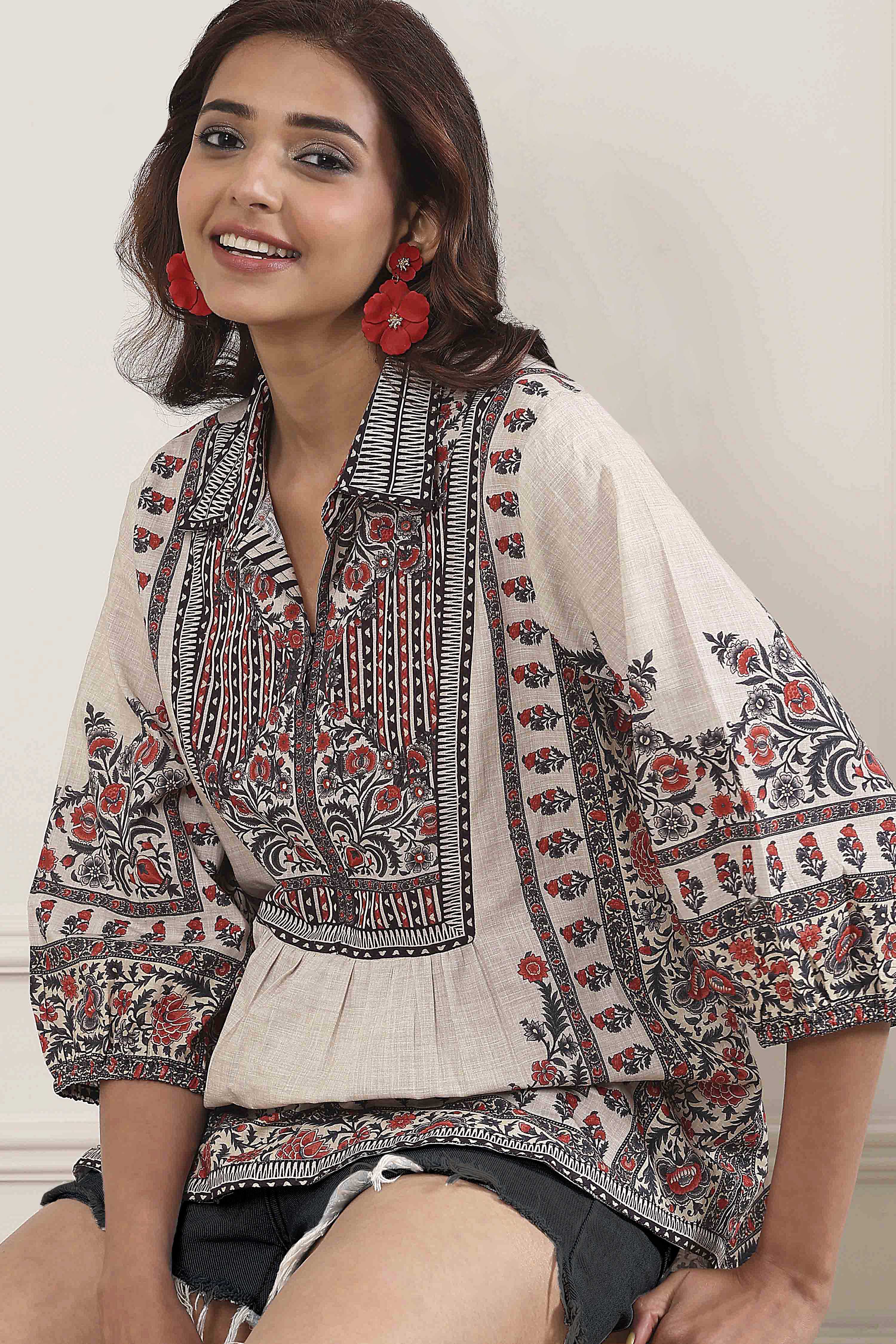 Brown Cotton Printed Straight Short Kurta image number 6