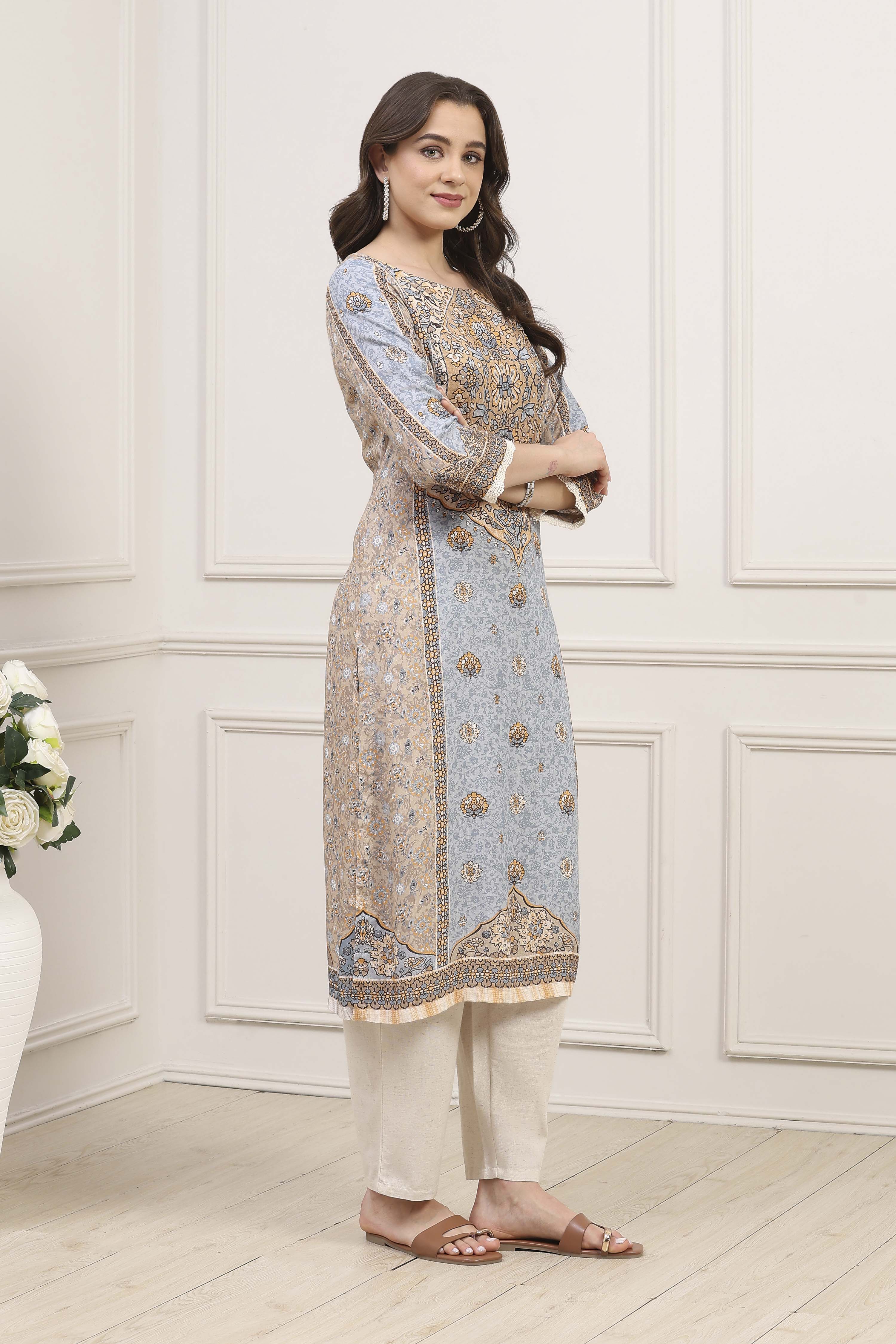 Beige Viscose Straight Kurta image number 4