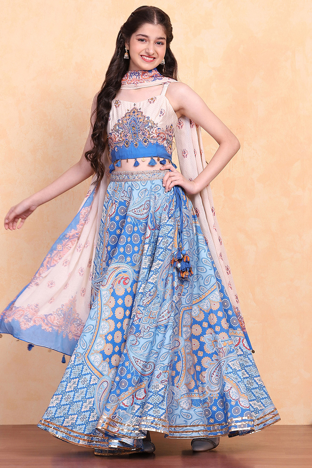 Electric Blue Printed Flared Lehenga Set image number 0