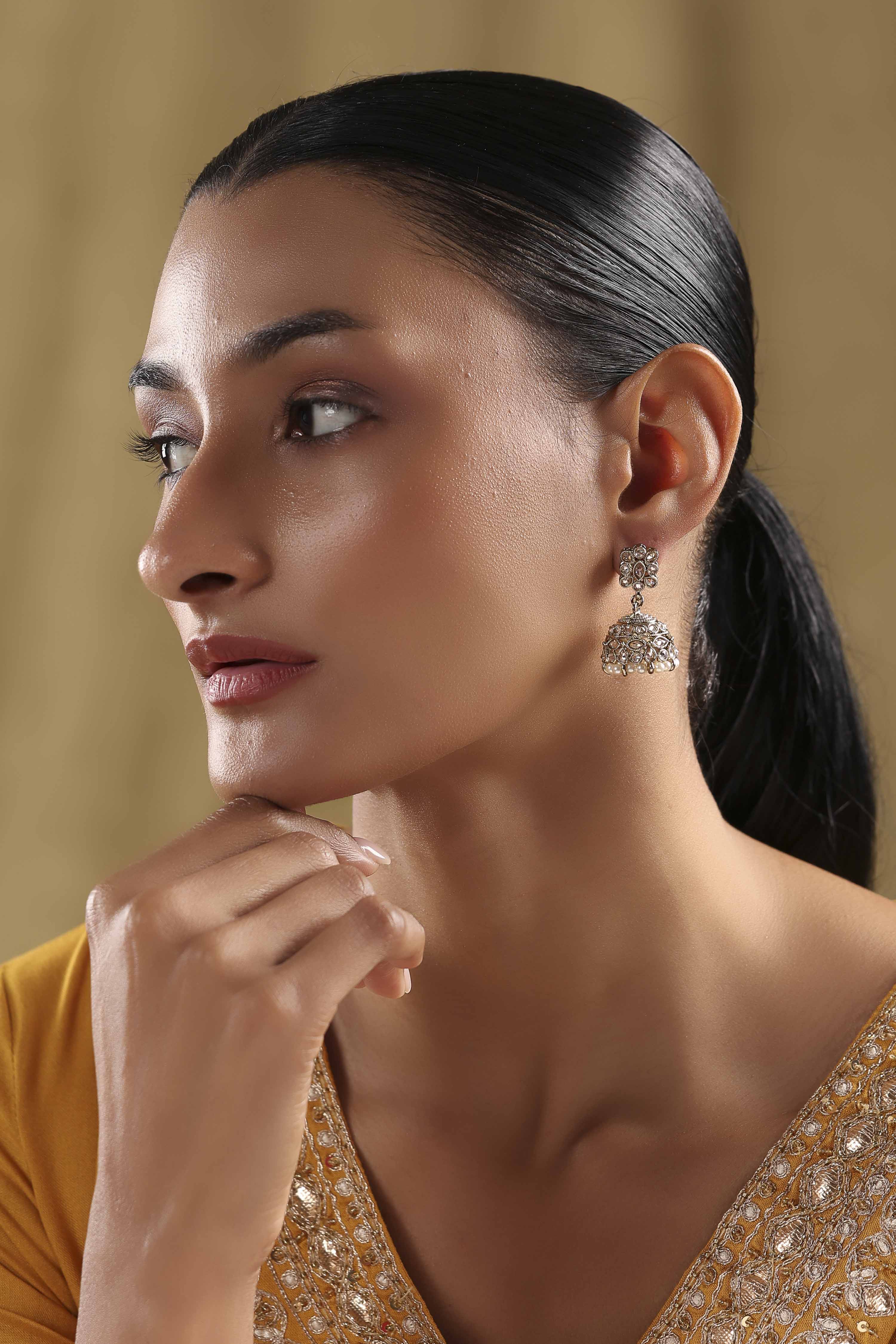 Gold Plated Alloy Studded Jhumkas image number 3