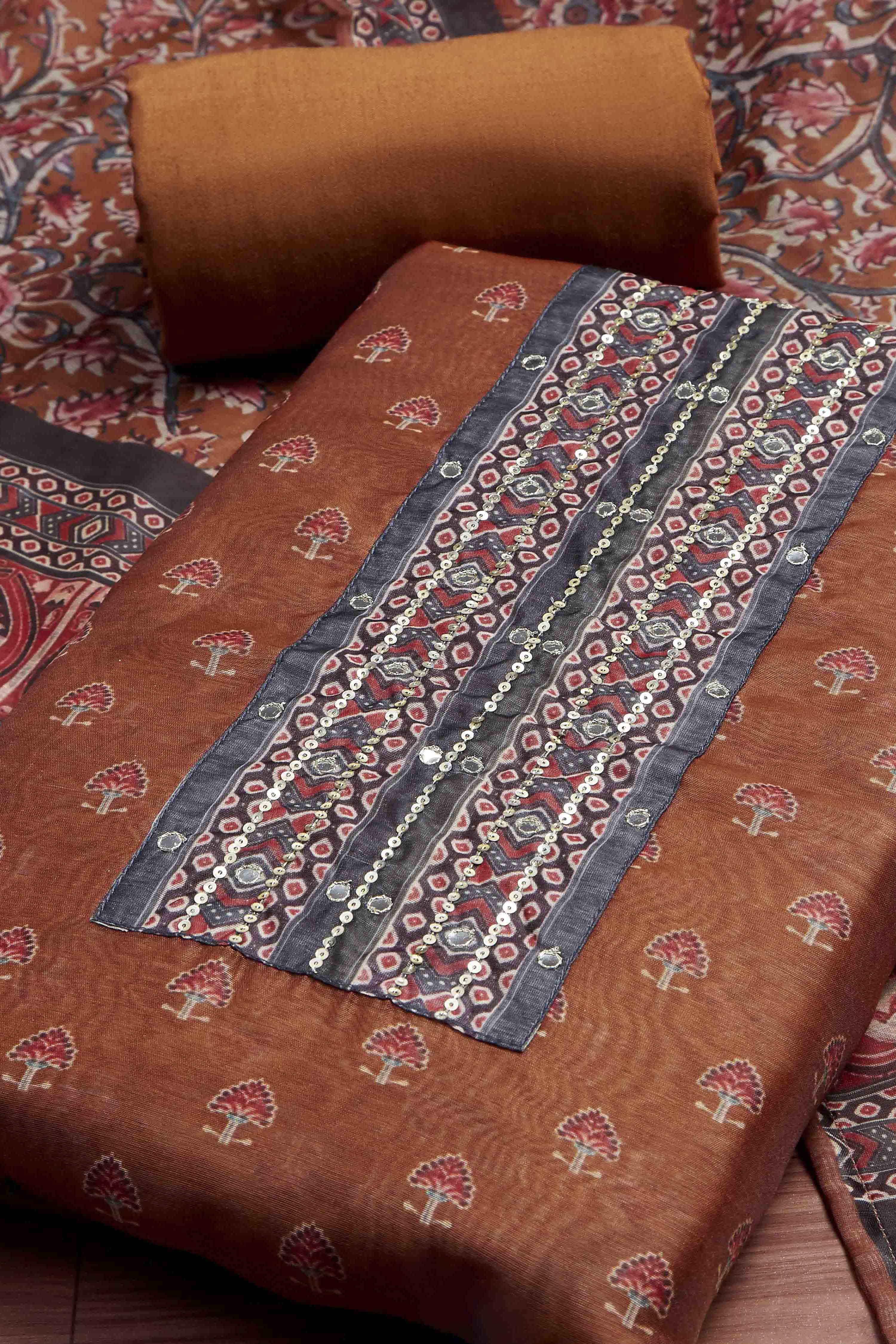 Olive Green Chanderi Rajasthani Print Unstitched Suit Set image number 1