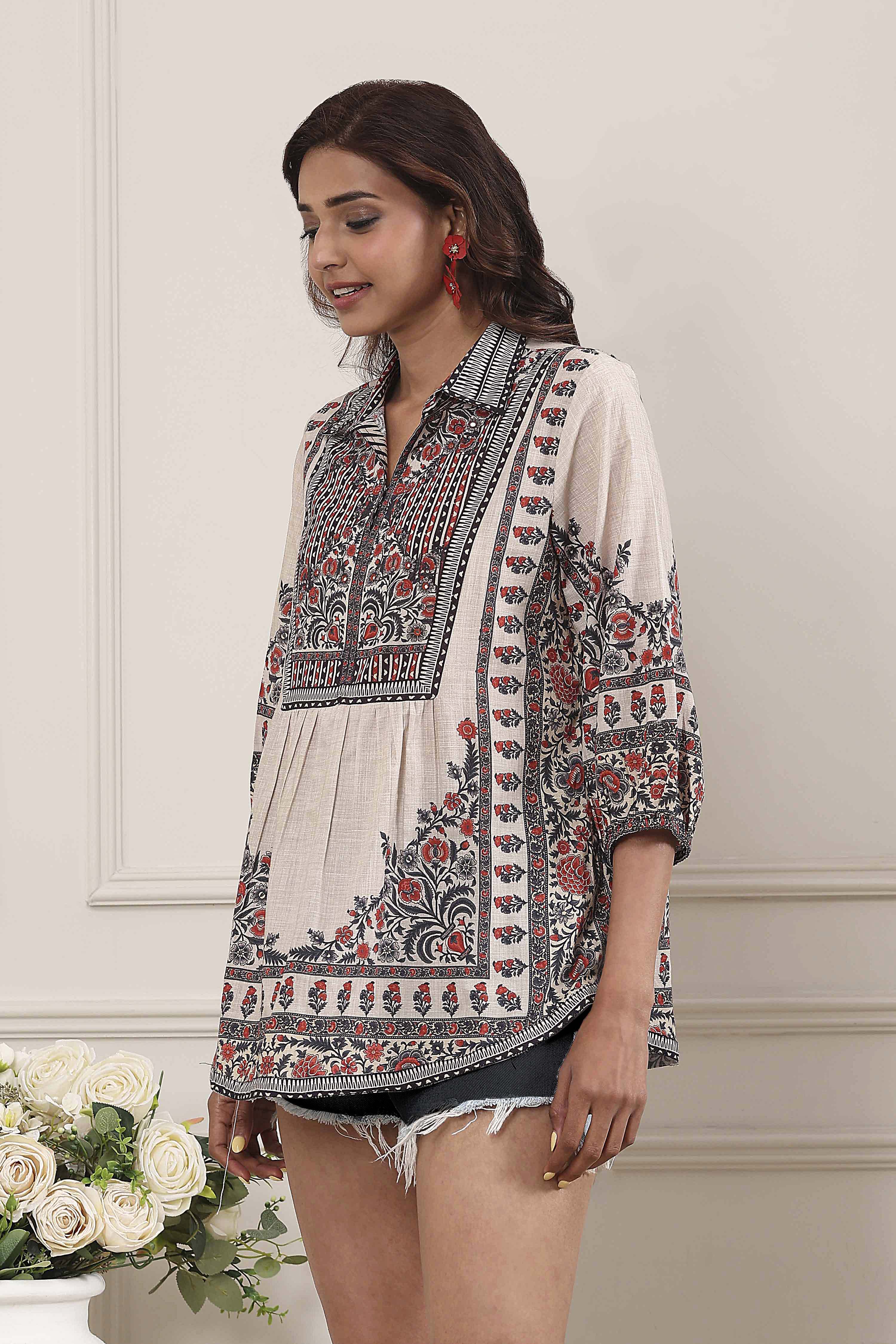 Brown Cotton Printed Straight Short Kurta image number 2