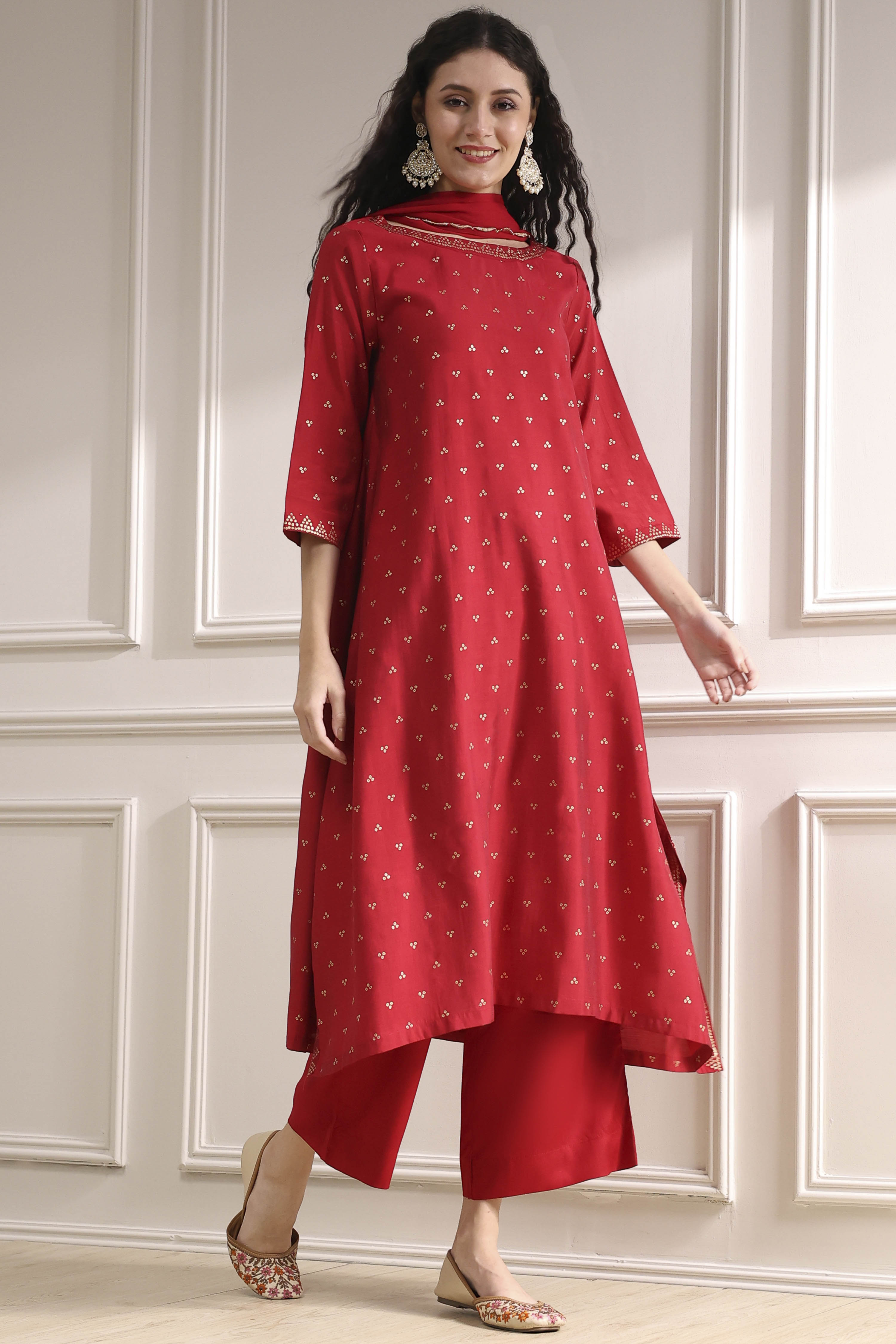 Purple Polyseter Blend Straight Printed Fusion Set image number 0
