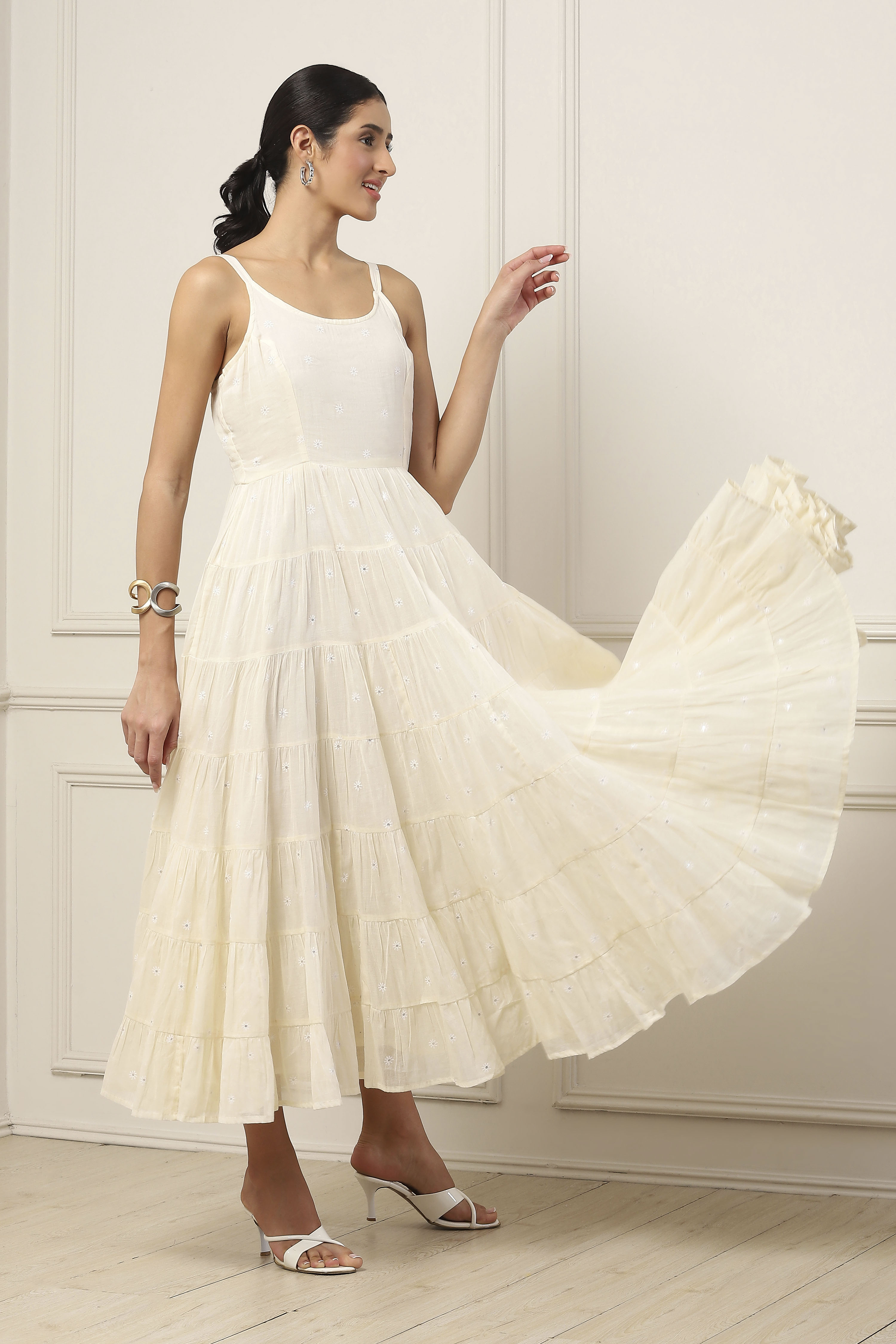 Yellow Cotton Embroidered Tiered Dress With Jacket image number 4