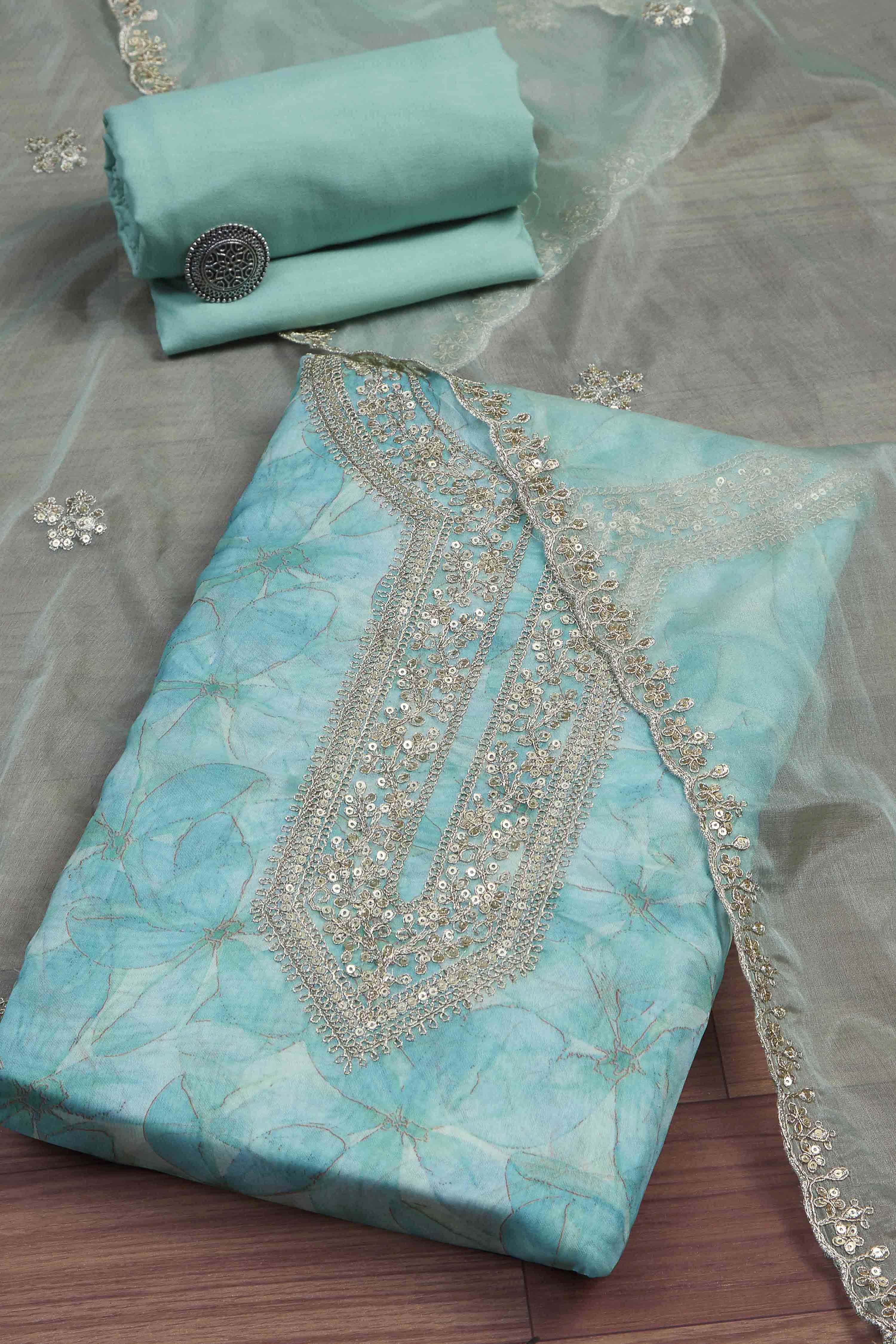 Old-Rose Organza Rajasthani Print Unstitched Suit Set image number 0