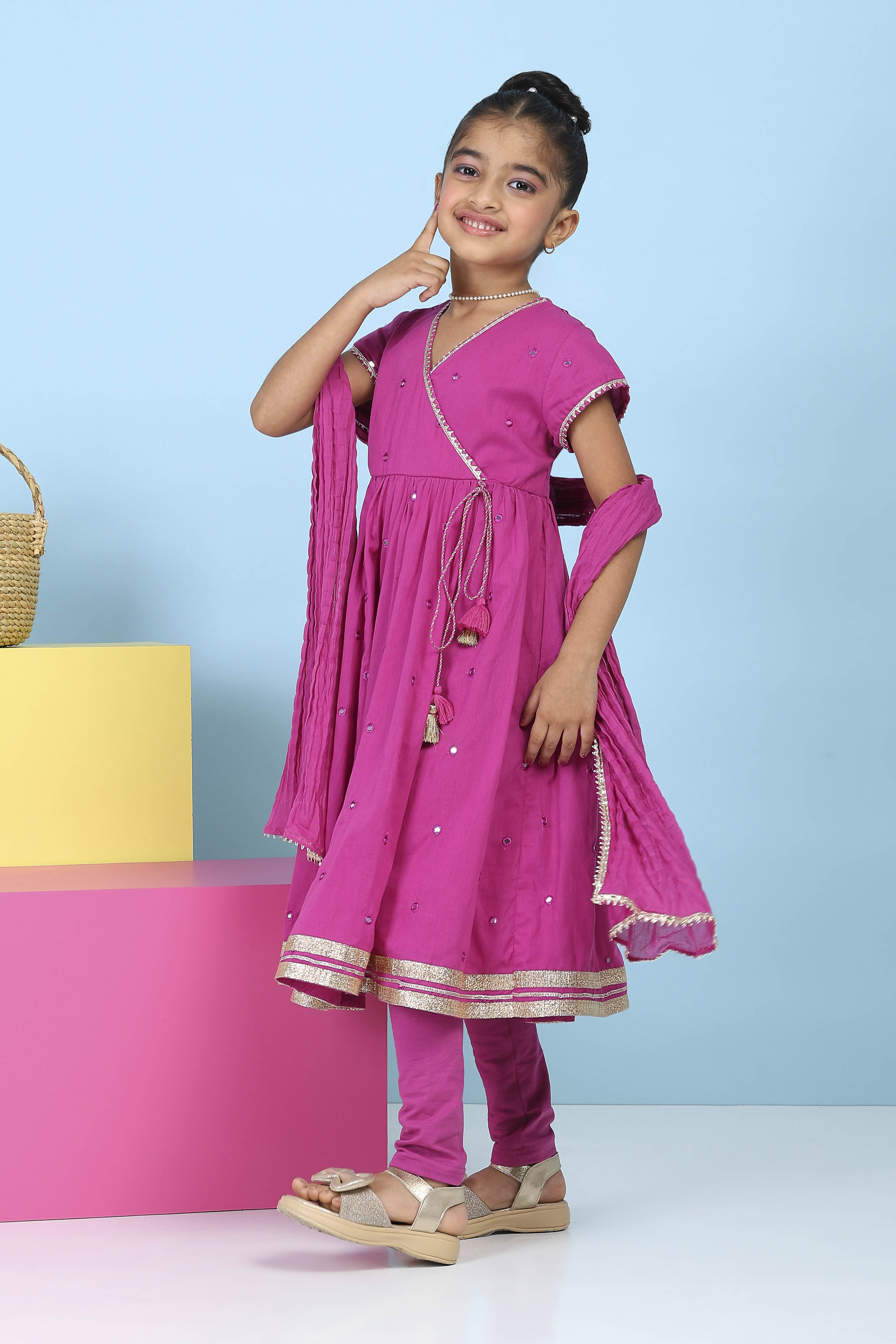 Pink Cotton Mirror Work Anarkali Suit Set image number 3