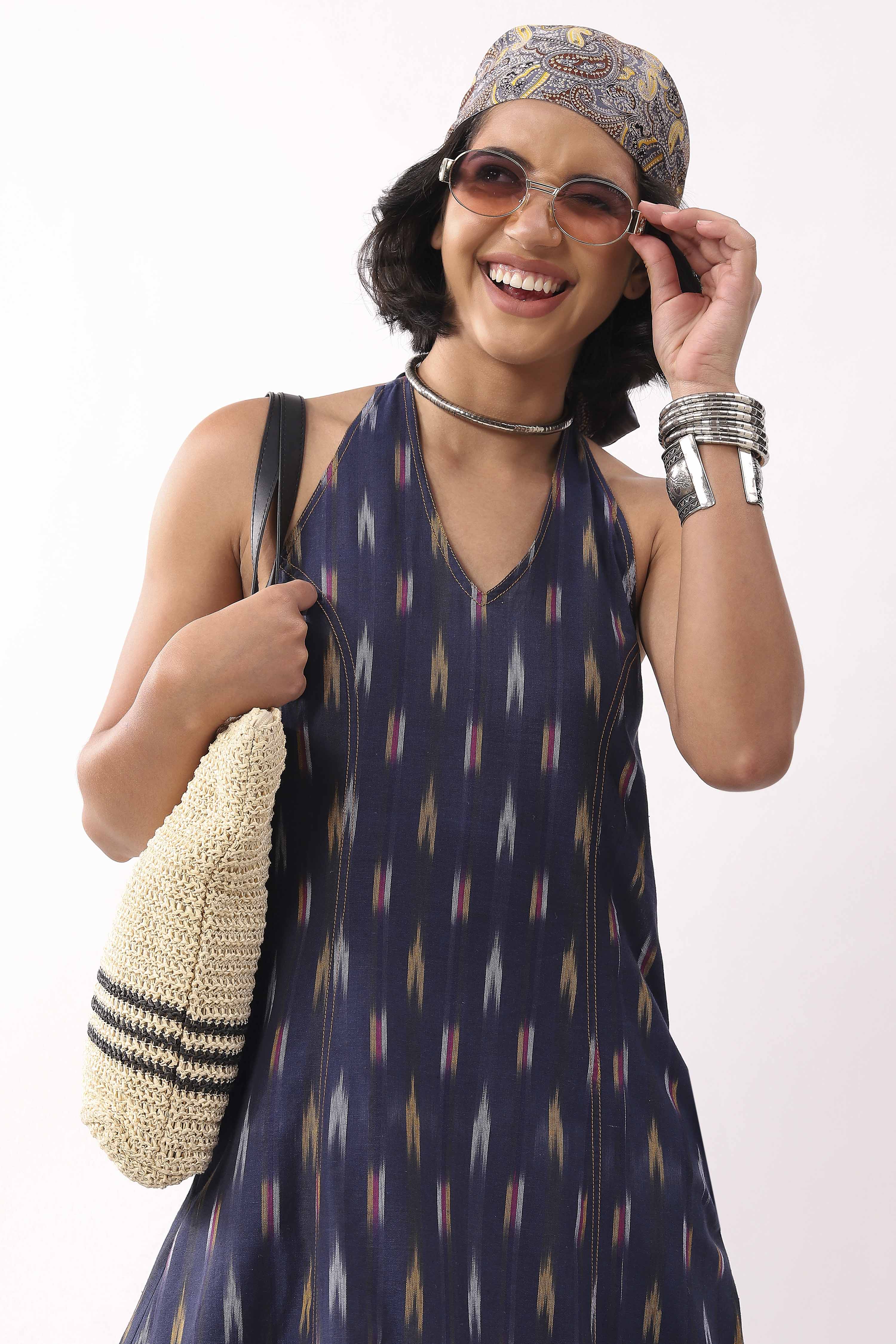 Navy Blue Cotton Abstract A-Line Midi Dress image number 8