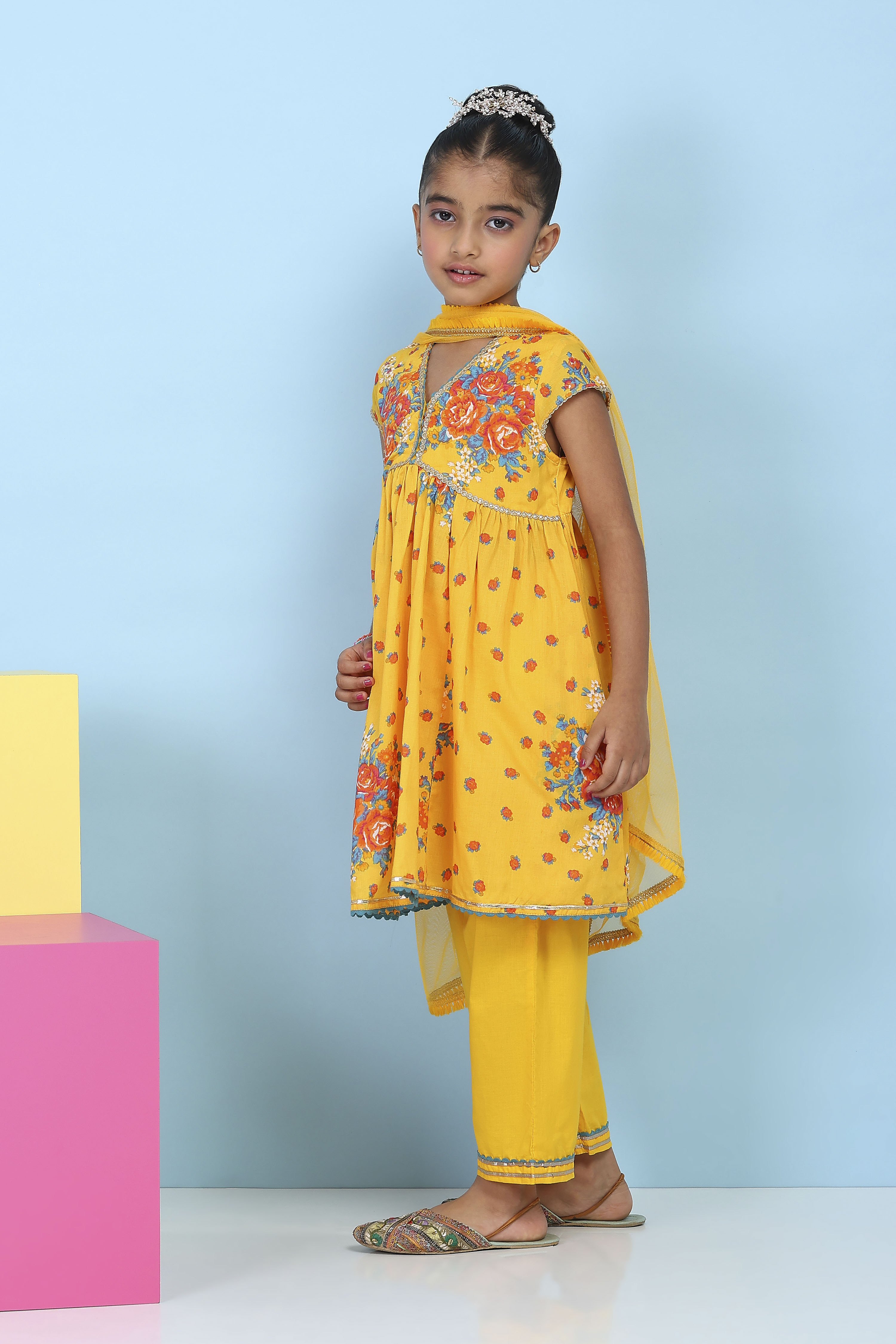 Yellow Cotton Floral Printed Anarkali Suit Set image number 3