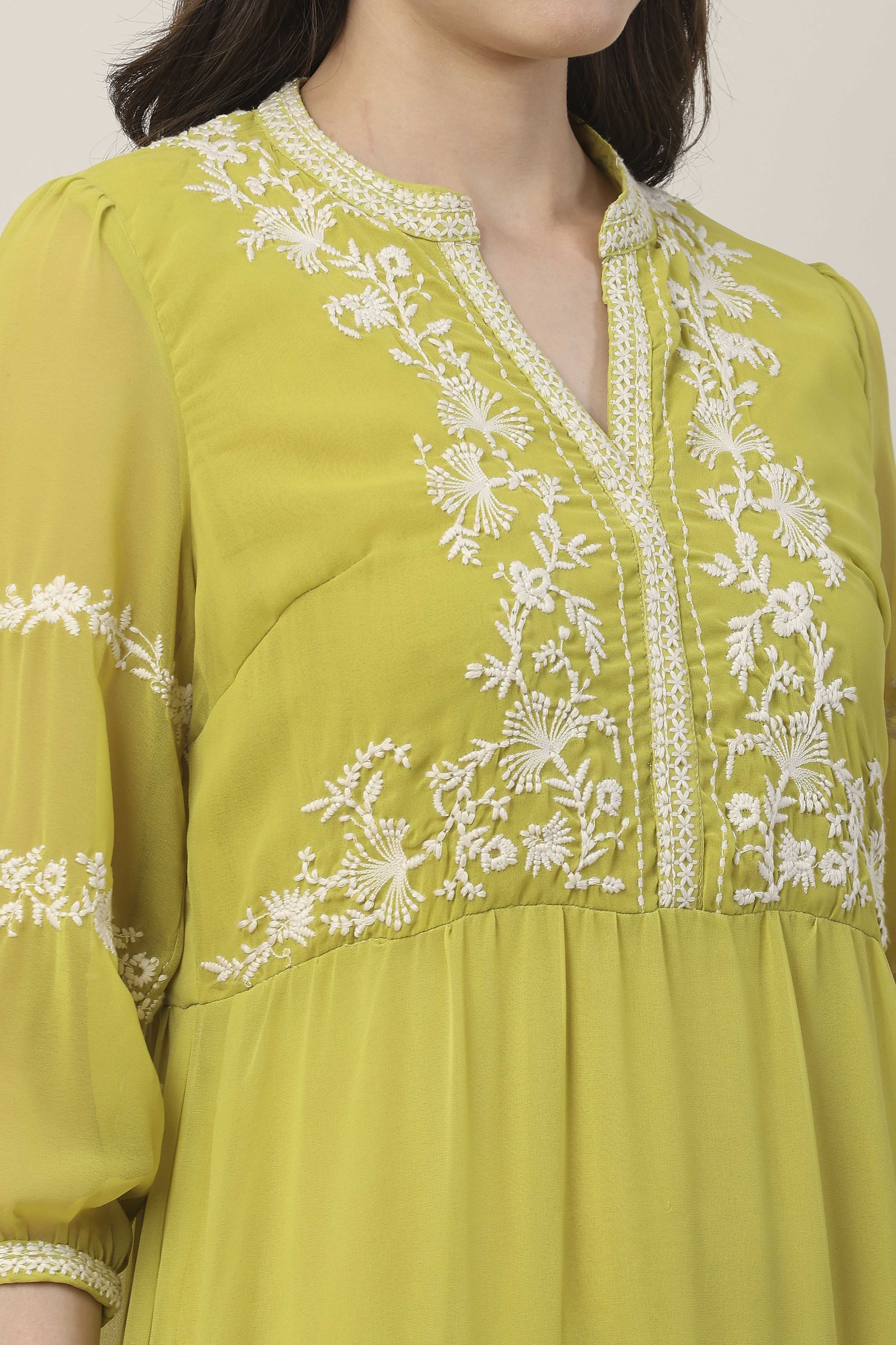 Green Floral Yoke Embroidered Tiered Dress image number 1