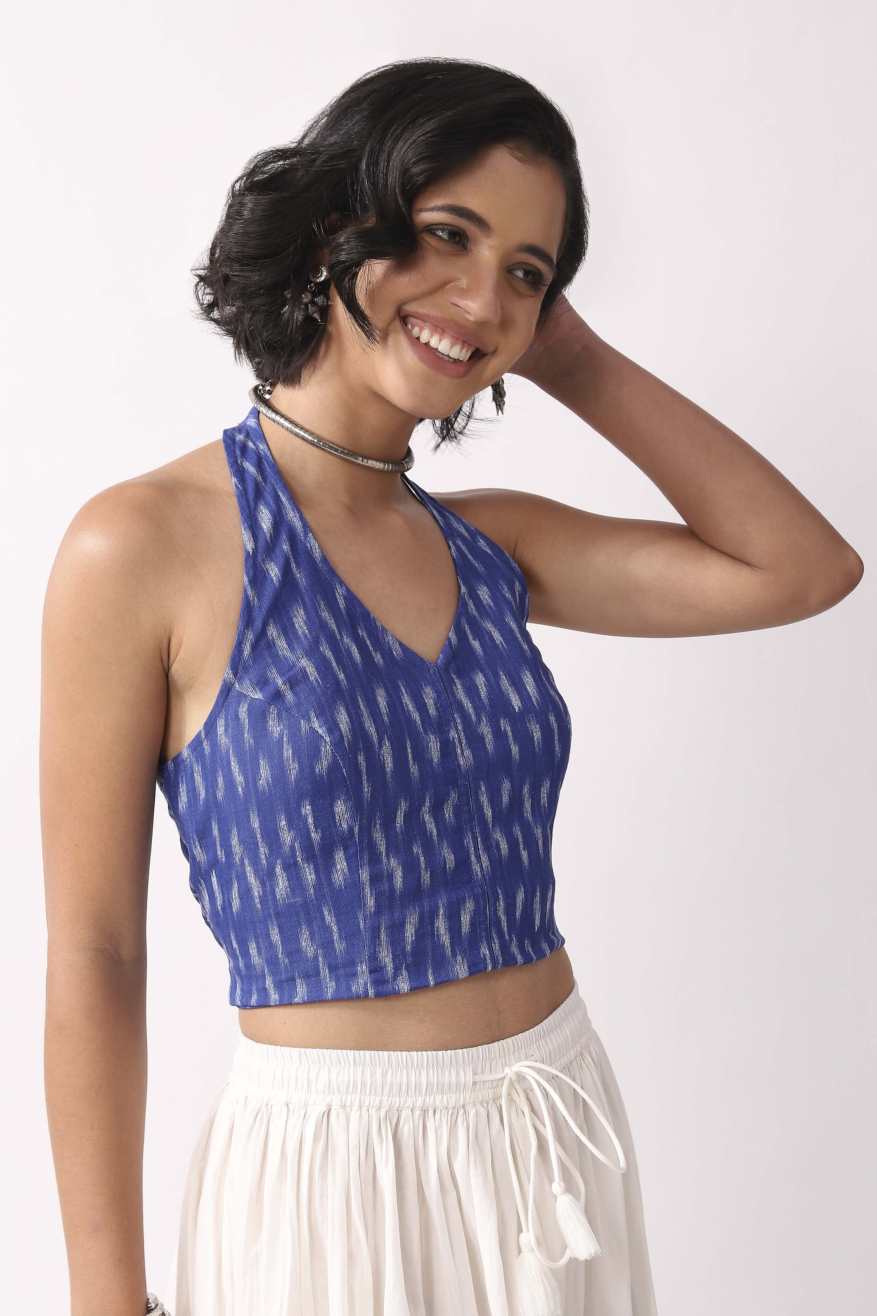Royal Blue Cotton Abstract Smocked Back Crop Top image number 0