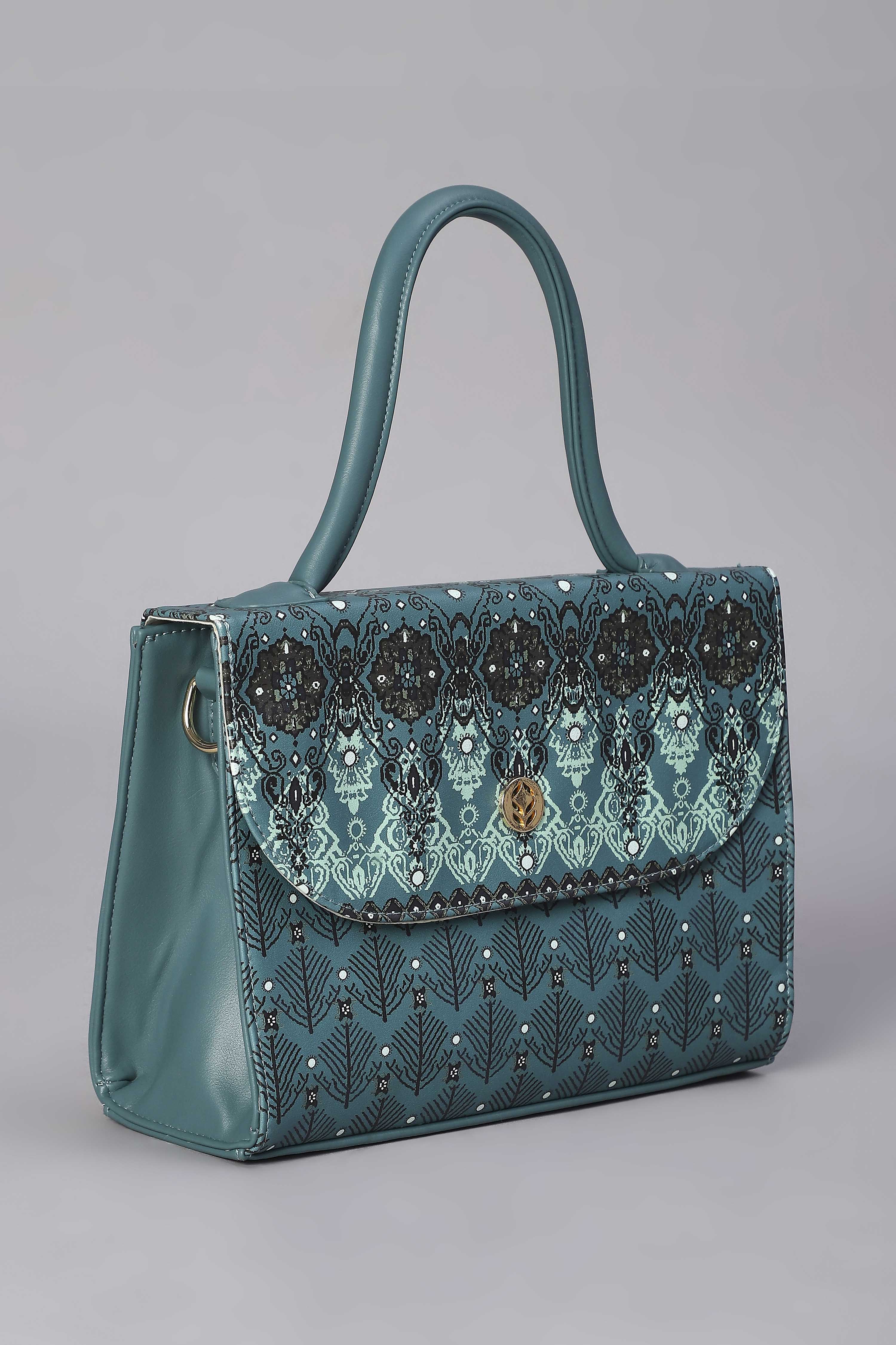 Teal Blue PU Printed Structured Satchel Bag image number 3